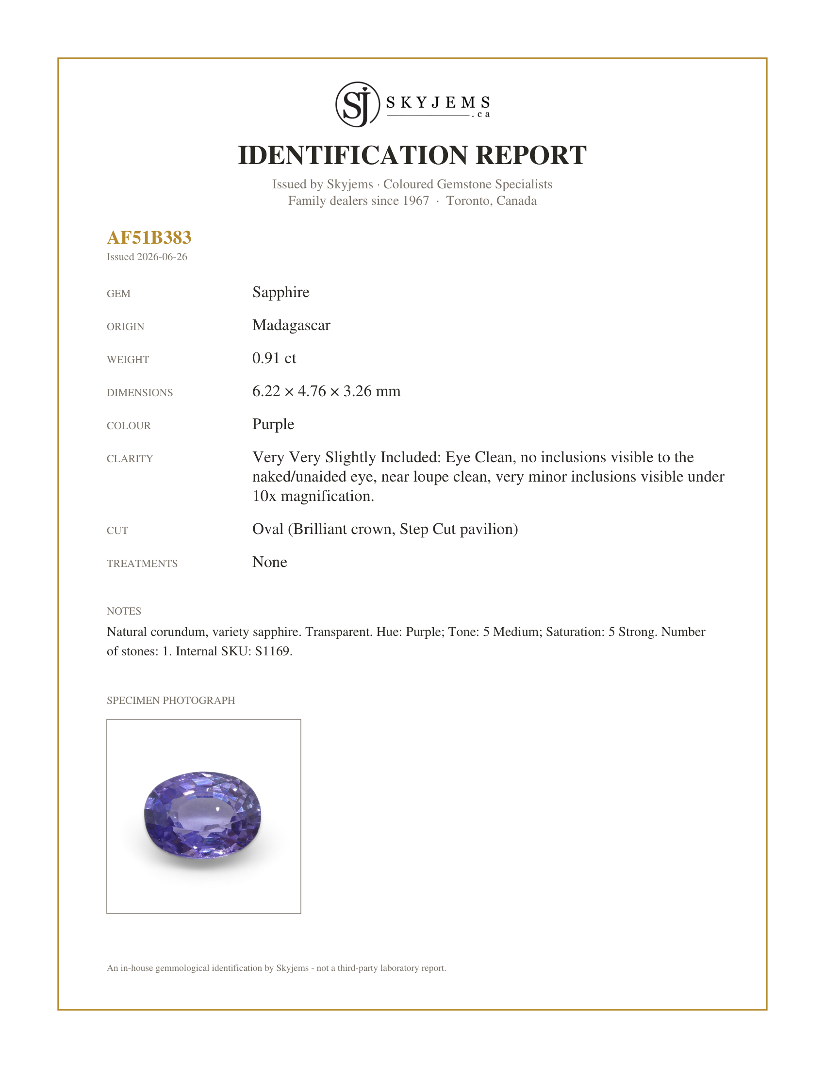 Skyjems Identification Report for S1169 — 0.91ct Oval Purple Sapphire from Madagascar Unheated