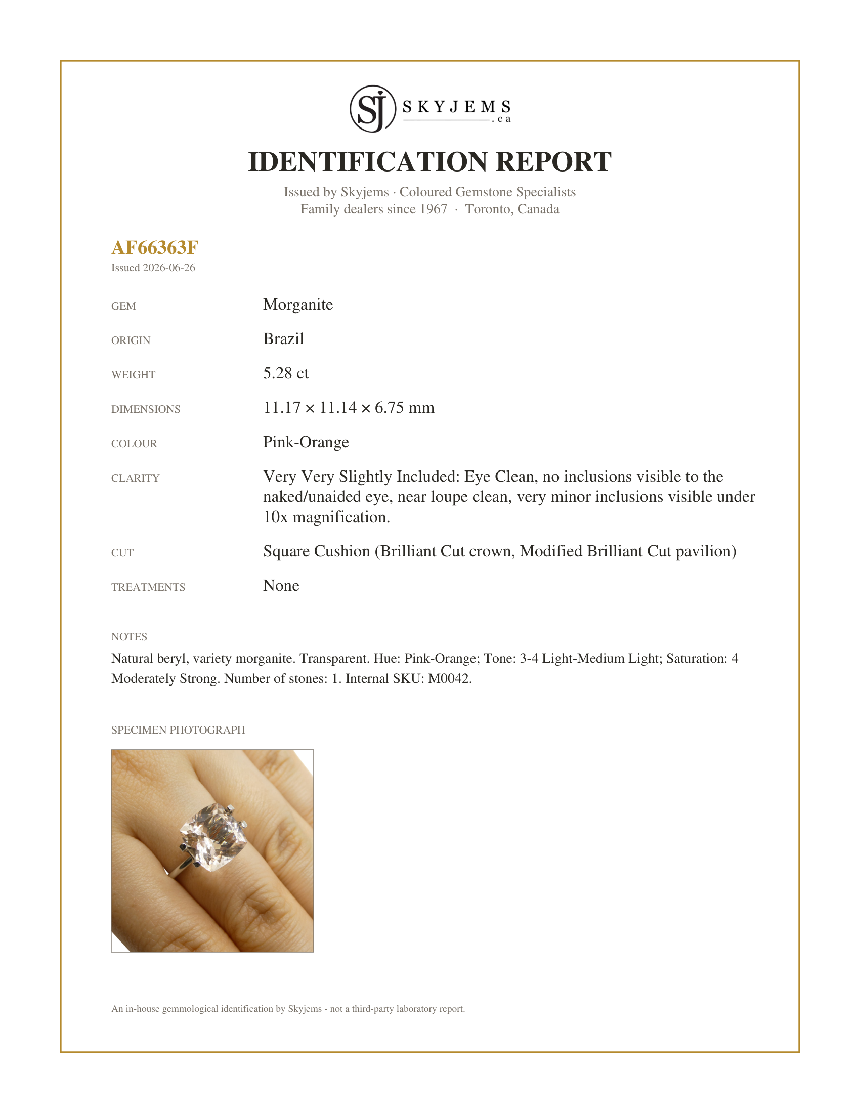 Skyjems Identification Report for M0042 — 5.28ct Square Cushion Peach Pink-Orange Morganite