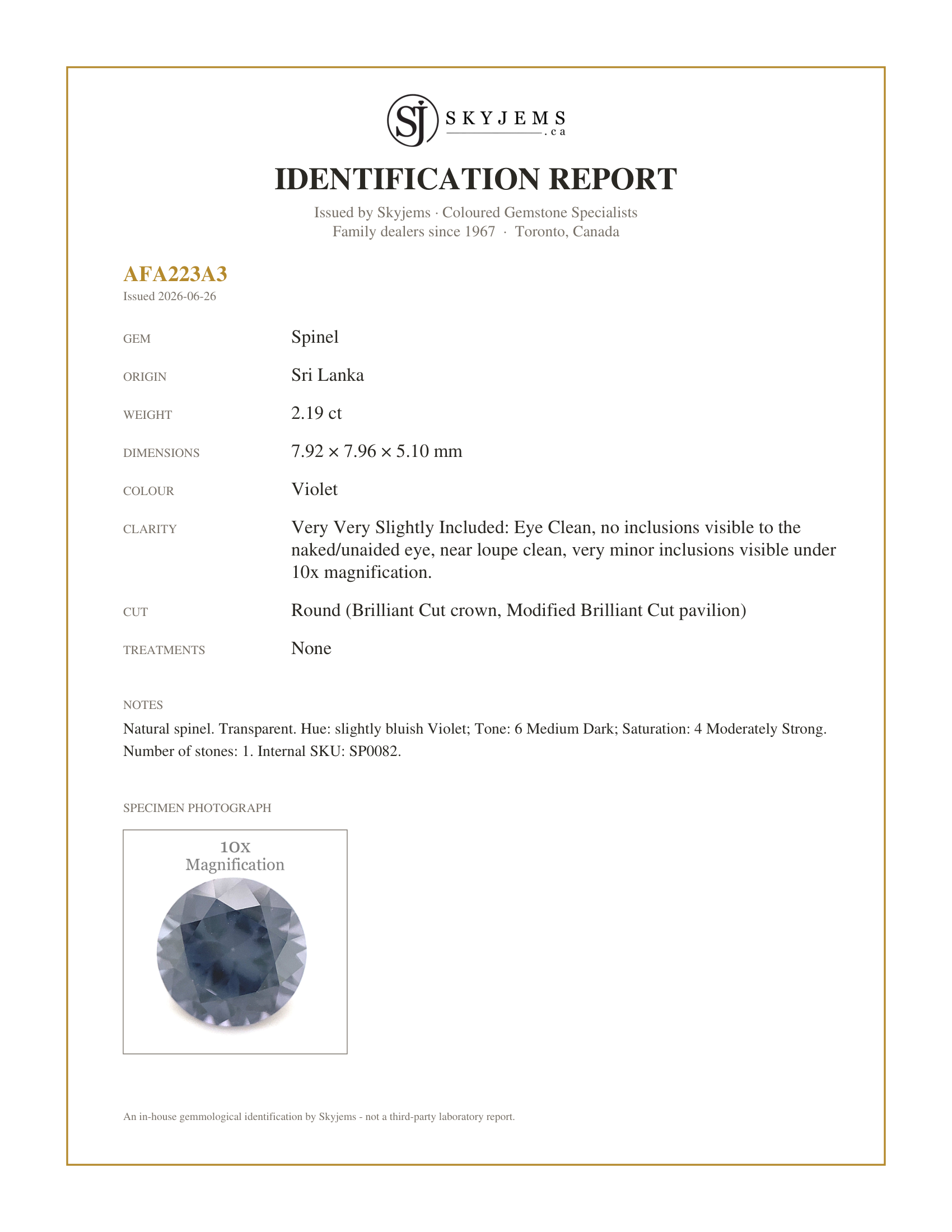 Skyjems Identification Report for SP0082 — 2.19ct Round Violet Spinel from Sri Lanka Unheated