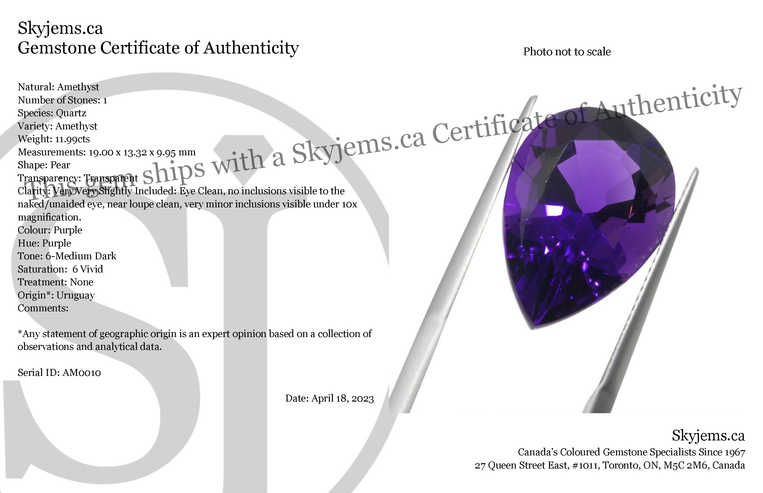 11.99ct Pear Purple Amethyst from Uruguay, premium unheated gemstone by SkyJems, Canadian gem specialists since 1967