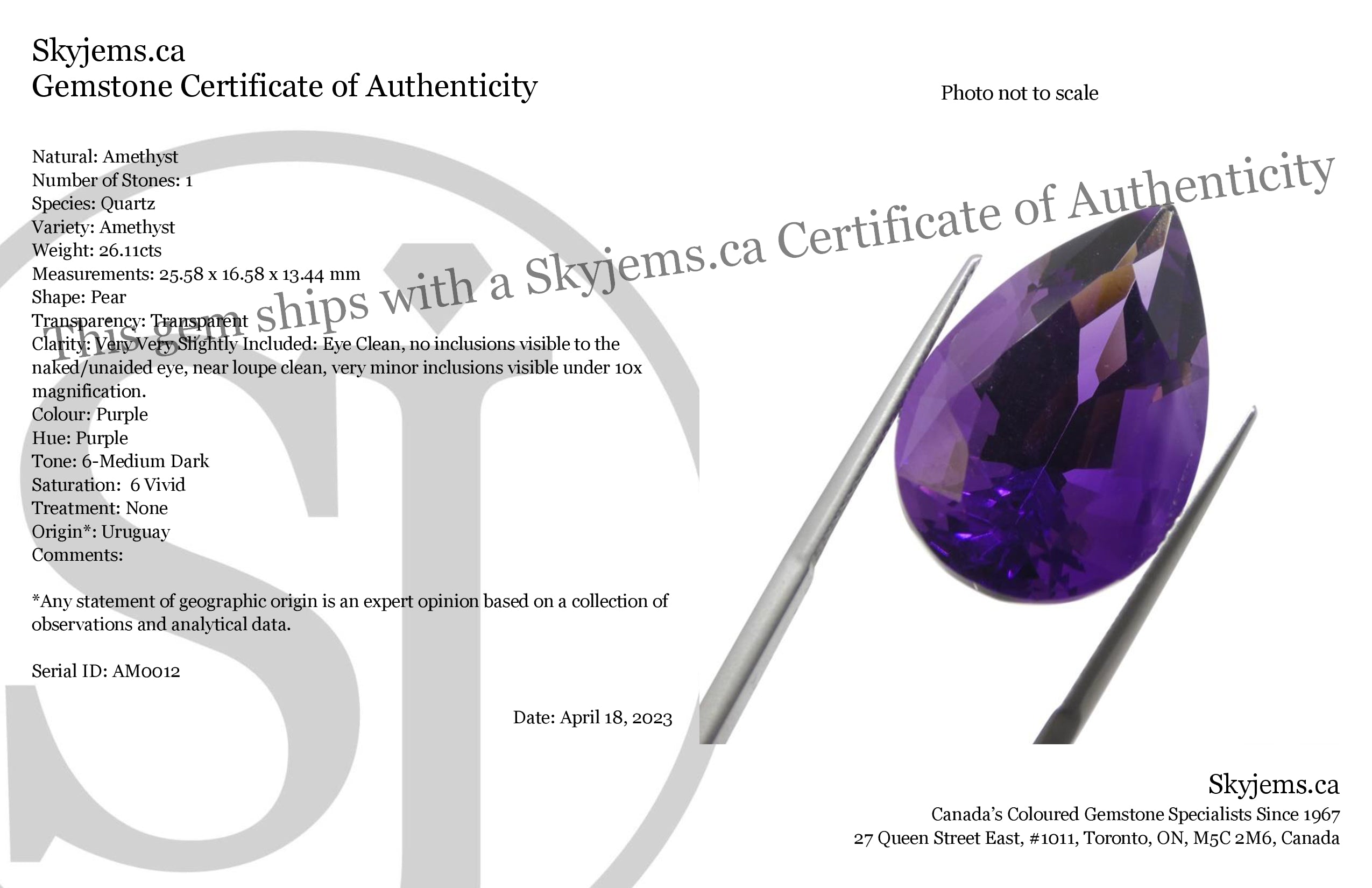 26.11 carat pear-cut purple Uruguayan amethyst from SkyJems, premium large vivid gemstone with exceptional color and clarity