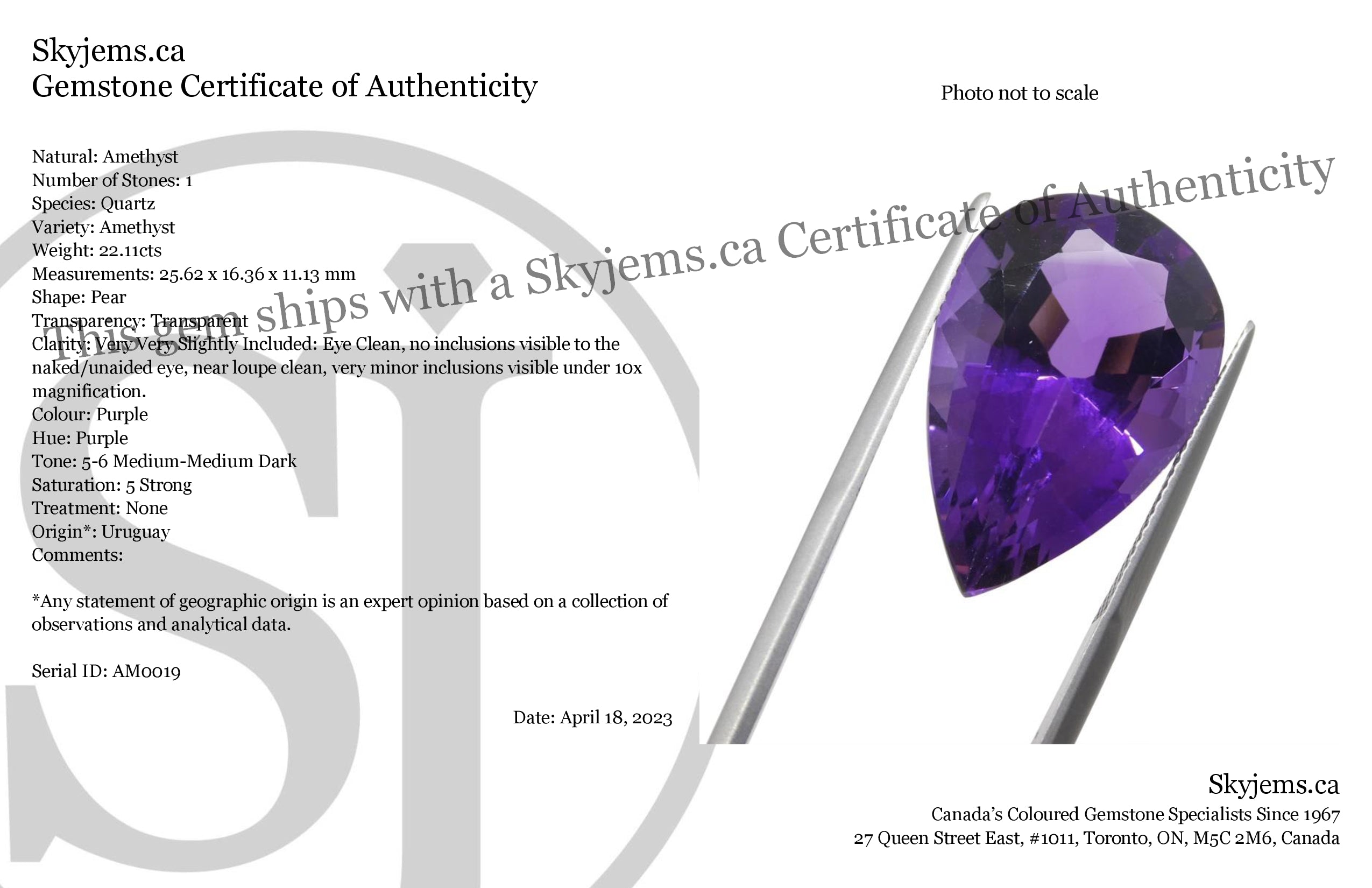 22.11 carat pear-cut purple Amethyst from Uruguay, premium quality gemstone by SkyJems Canadian gem specialists