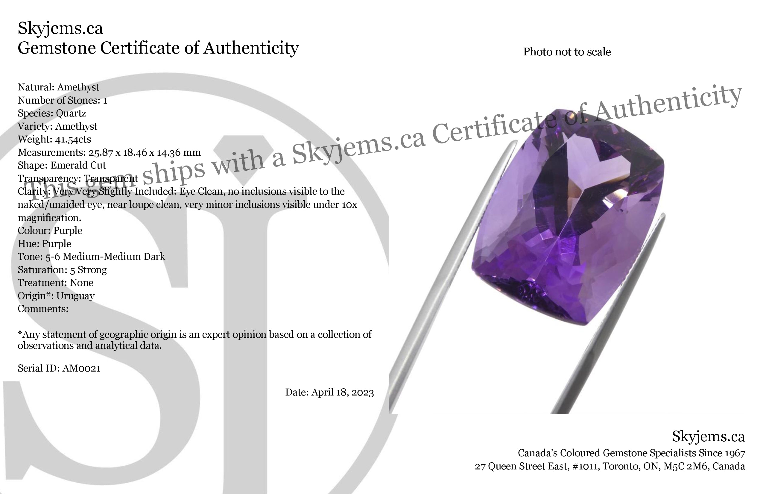 41.54 carat cushion-cut purple amethyst from Uruguay, premium gemstone by SkyJems Canadian gem specialists