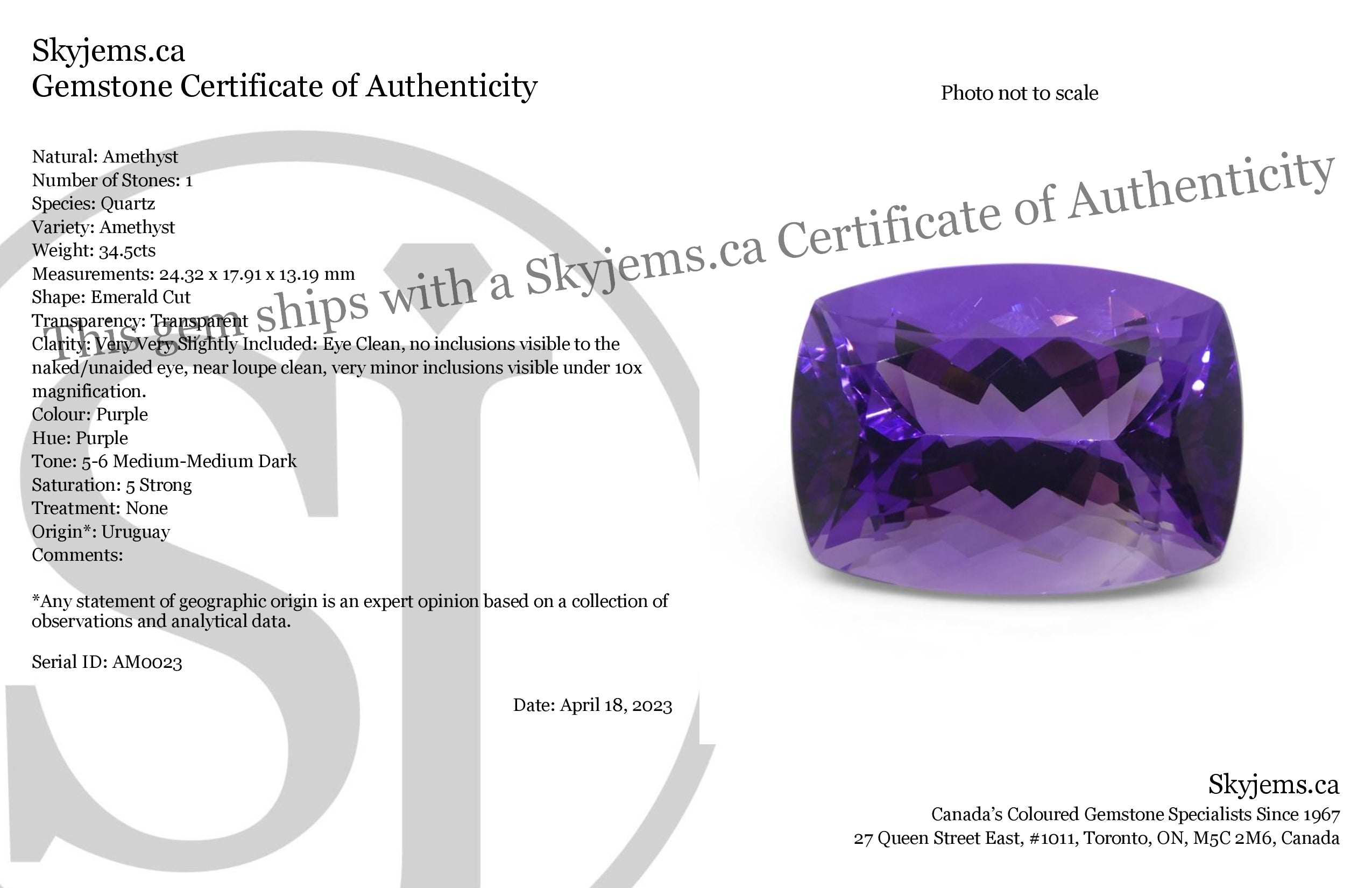 34.5 carat purple Uruguayan amethyst emerald-cut gemstone from SkyJems, premium unheated quartz with rich color and exception