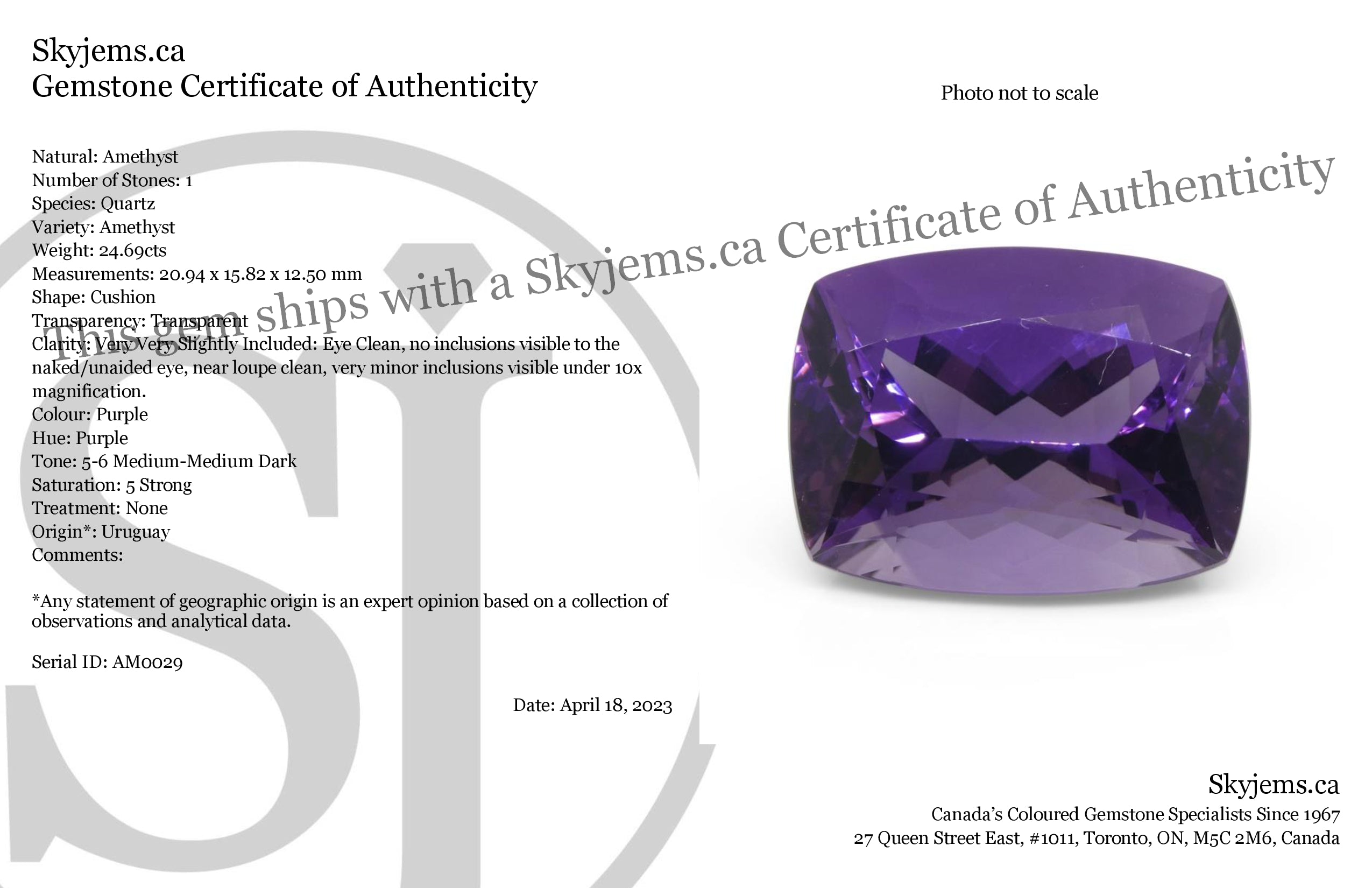 24.69 carat purple cushion-cut Uruguayan amethyst from SkyJems, premium unheated gemstone with rich color and exceptional cla