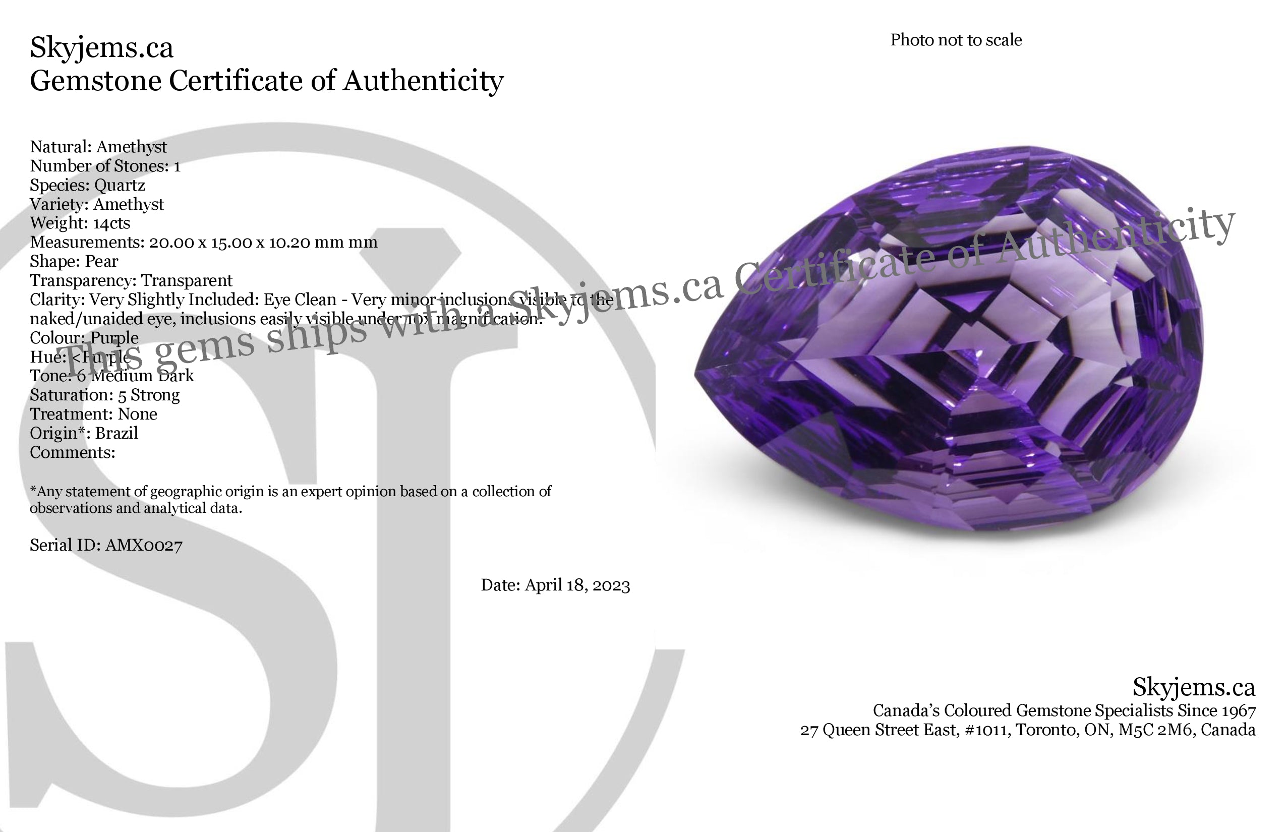 SkyJems 14ct Brazilian Purple Pear Amethyst Fancy Cut Gemstone, Precision Crafted Collector's Gem