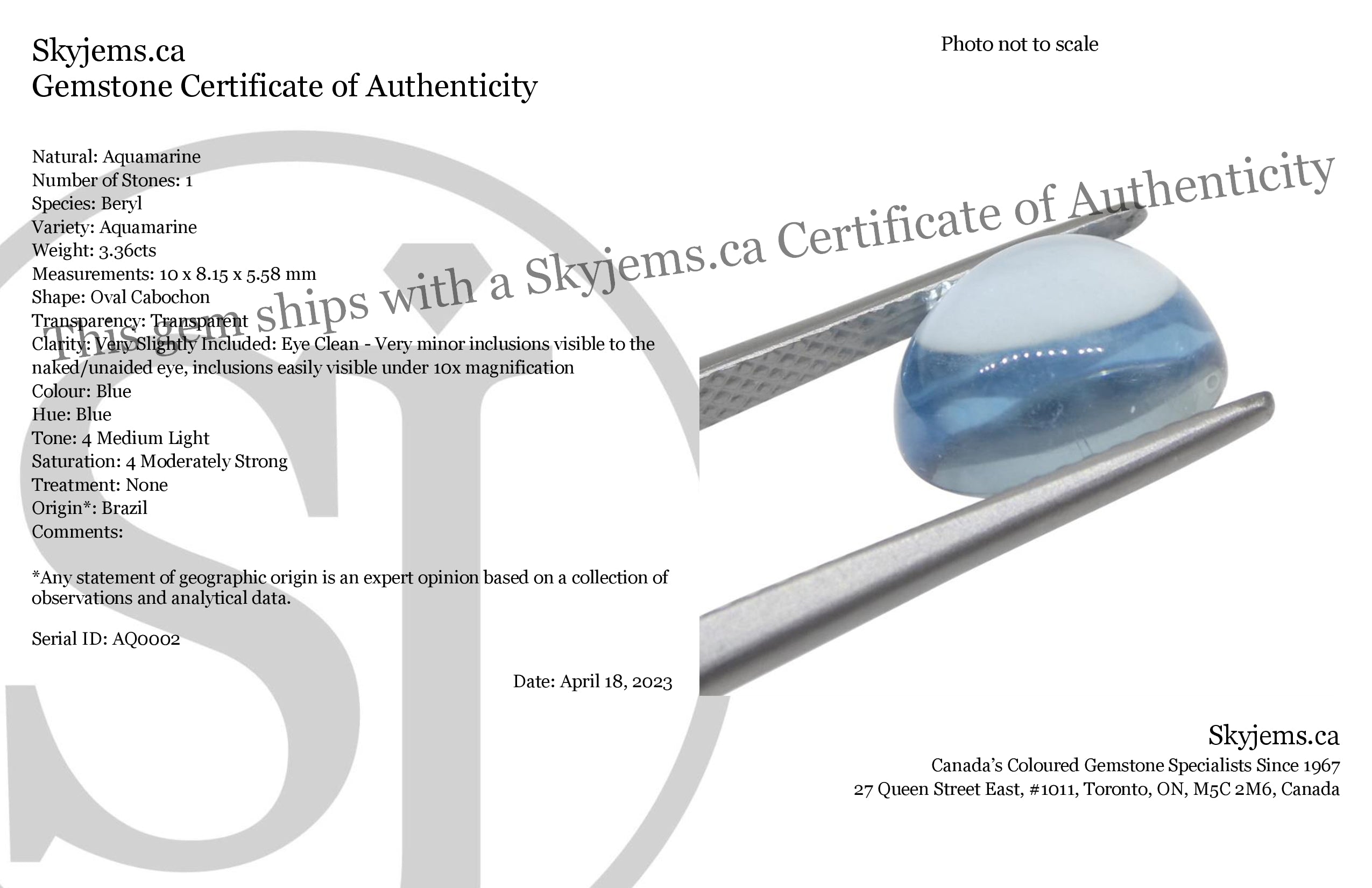 SkyJems Blue Aquamarine Cabochon from Brazil: 3.36ct Oval Gemstone in Serene Medium-Light Blue Tone