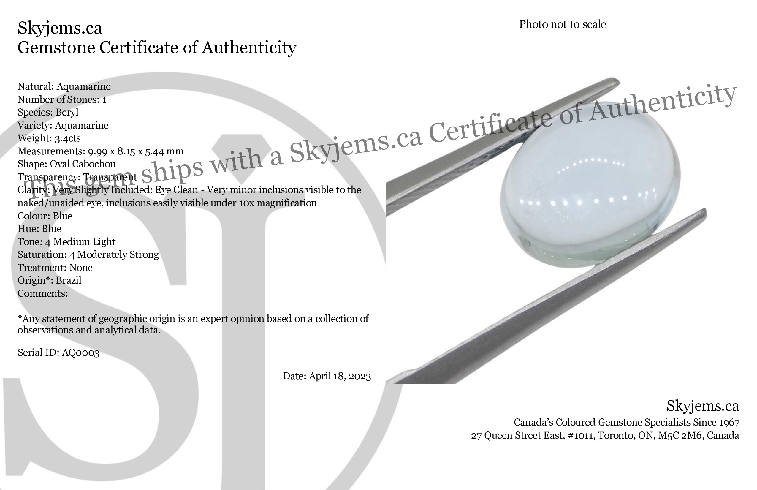 SkyJems Blue Aquamarine Cabochon from Brazil: 3.4 carat oval gemstone with medium-light blue color and natural Brazilian orig