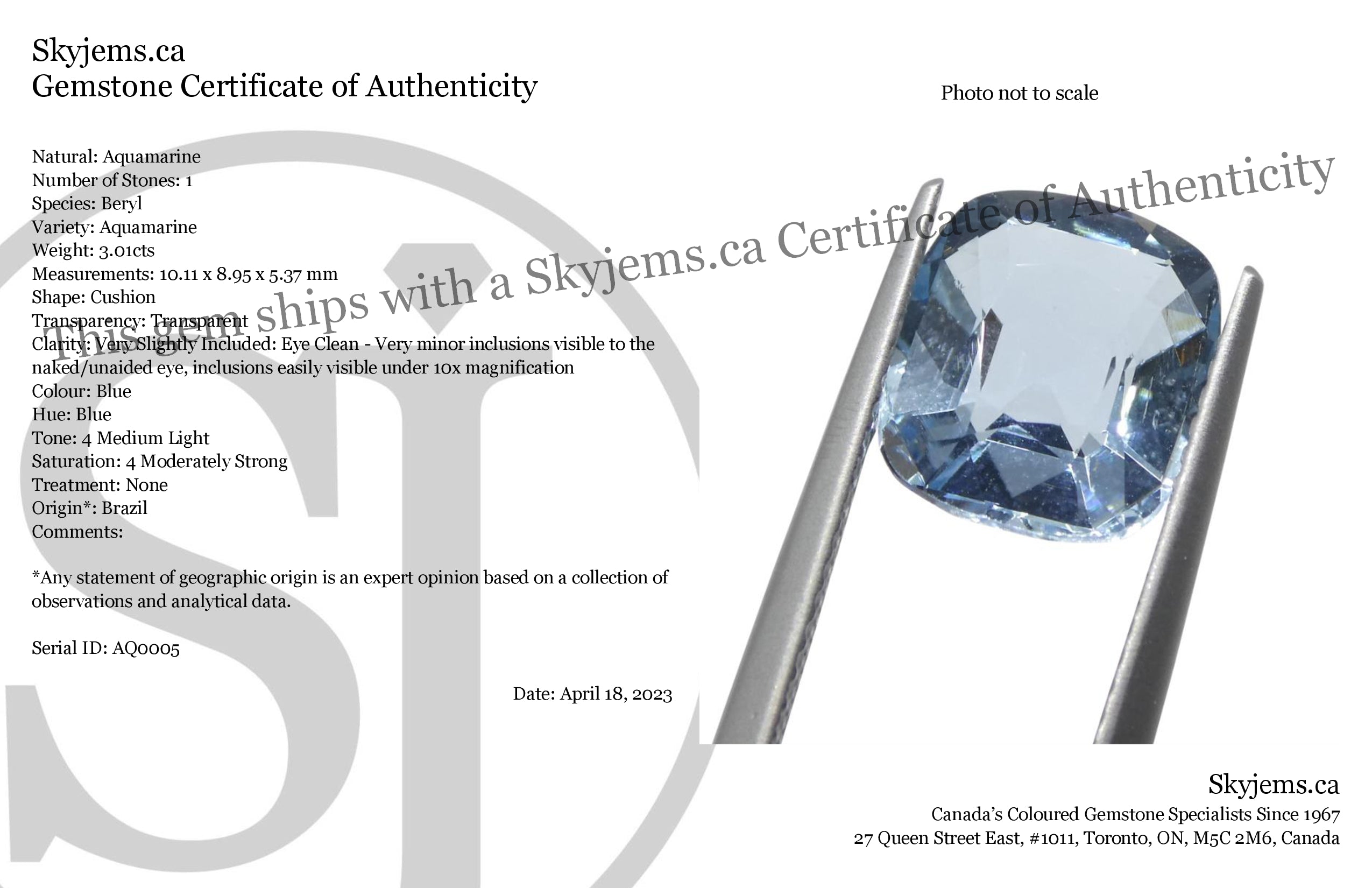 3.01ct Brazilian Blue Aquamarine Cushion Gemstone from SkyJems - Premium Unheated Beryl Loose Stone