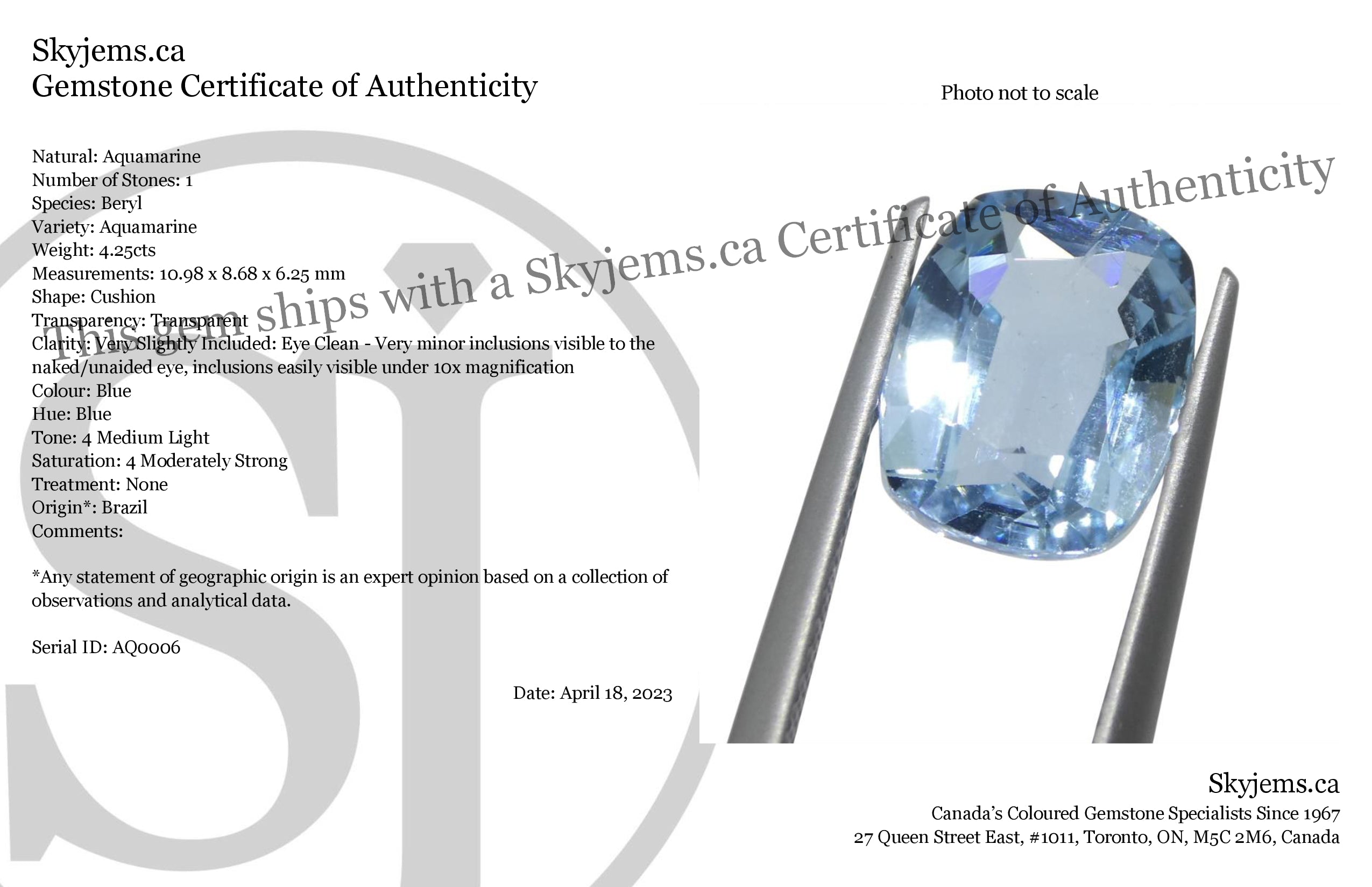 SkyJems 4.25ct Brazilian Blue Aquamarine Cushion Cut Gemstone, Vibrant Medium-Light Azure Beryl Precious Stone