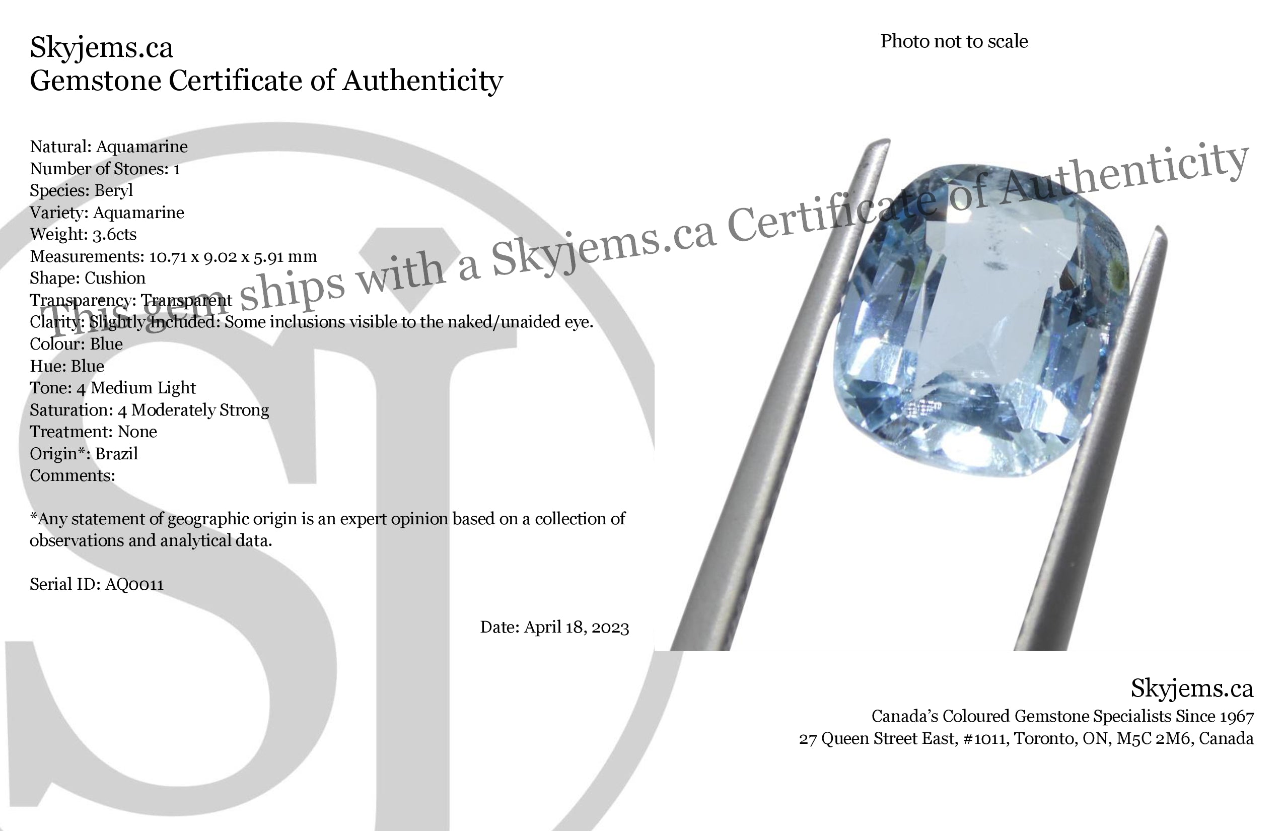 3.6 carat Brazilian blue aquamarine cushion cut gemstone from SkyJems, premium medium-light blue beryl from Brazil