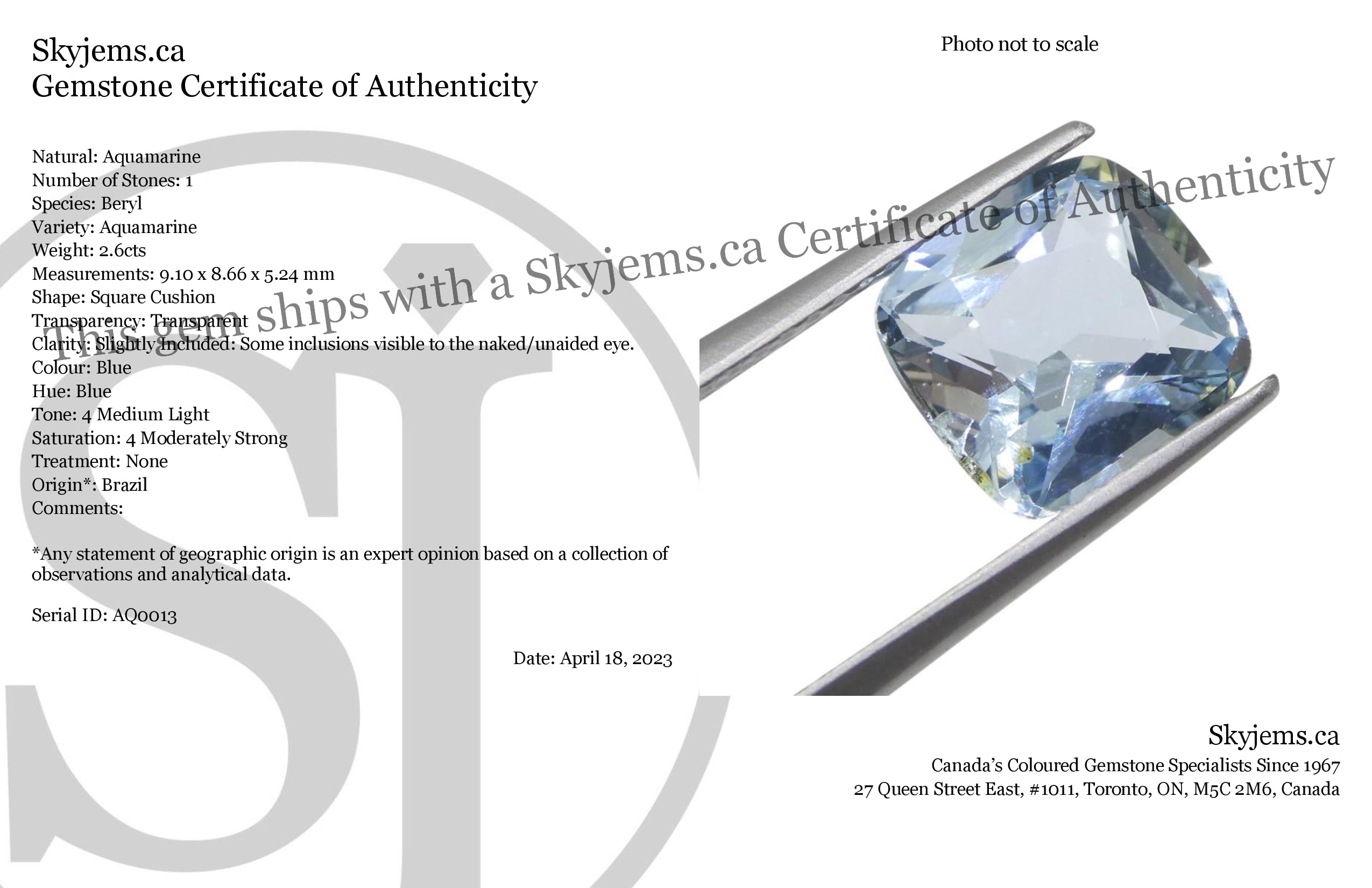 SkyJems 2.6ct Square Cushion Blue Aquamarine from Brazil, premium Brazilian gemstone with brilliant cut and medium-light blue