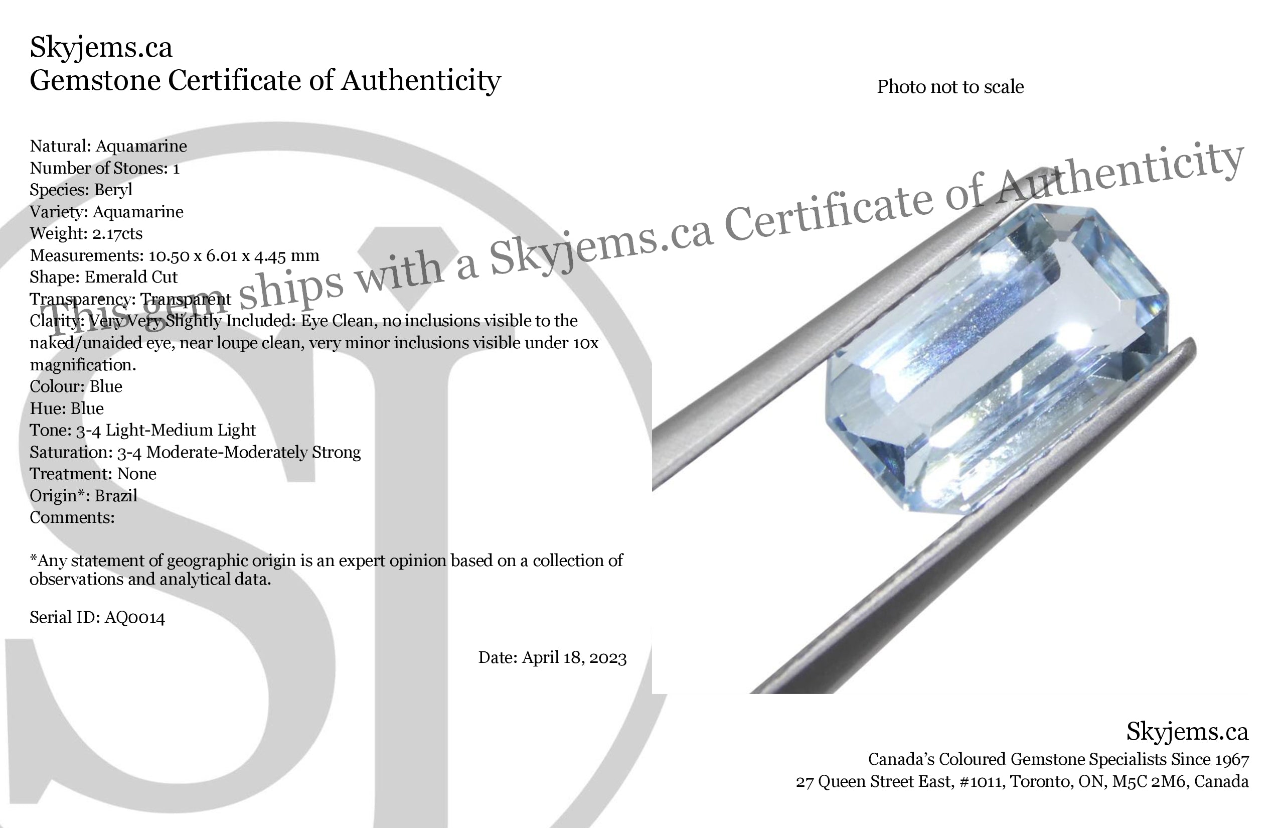 2.17ct Blue Brazilian Aquamarine Emerald Cut Gemstone from SkyJems Rare Gem Collection