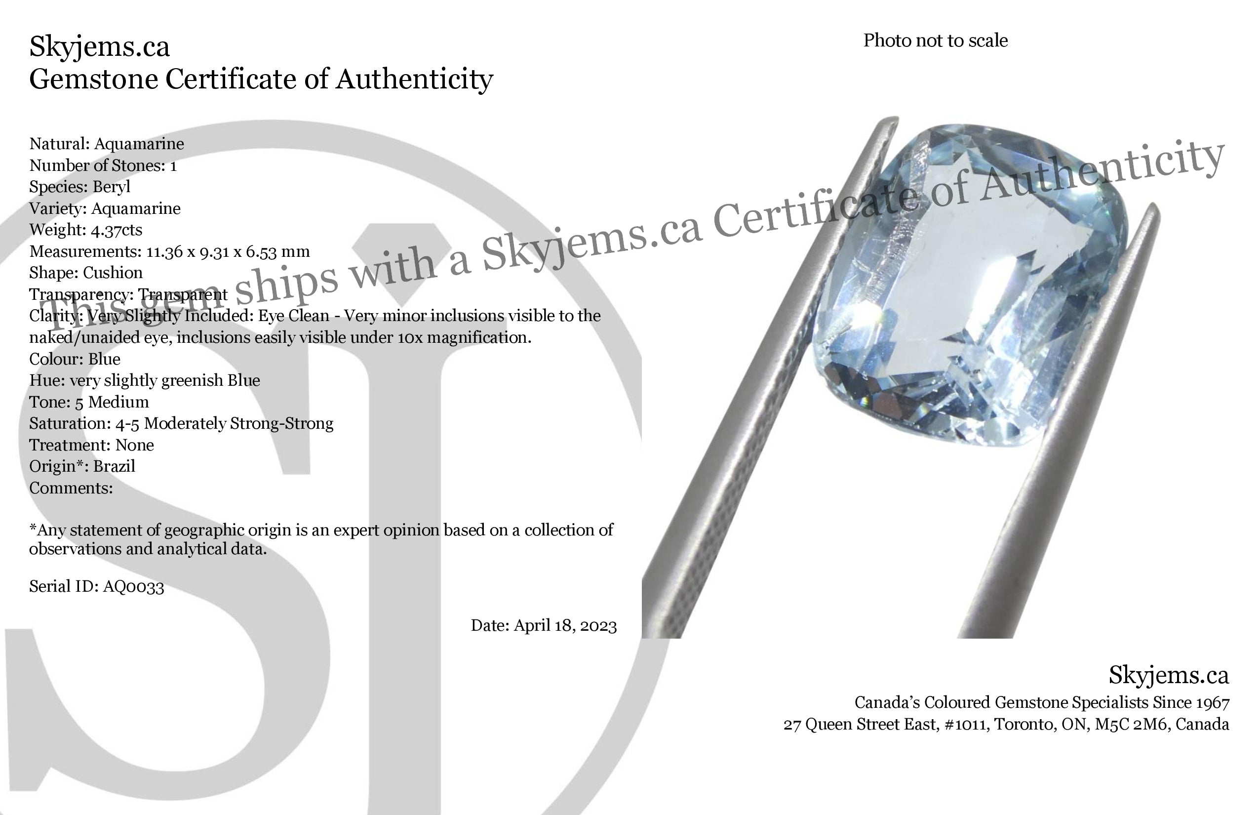 4.37ct Brazilian Blue Aquamarine Cushion Gemstone from SkyJems Rare Gem Collection
