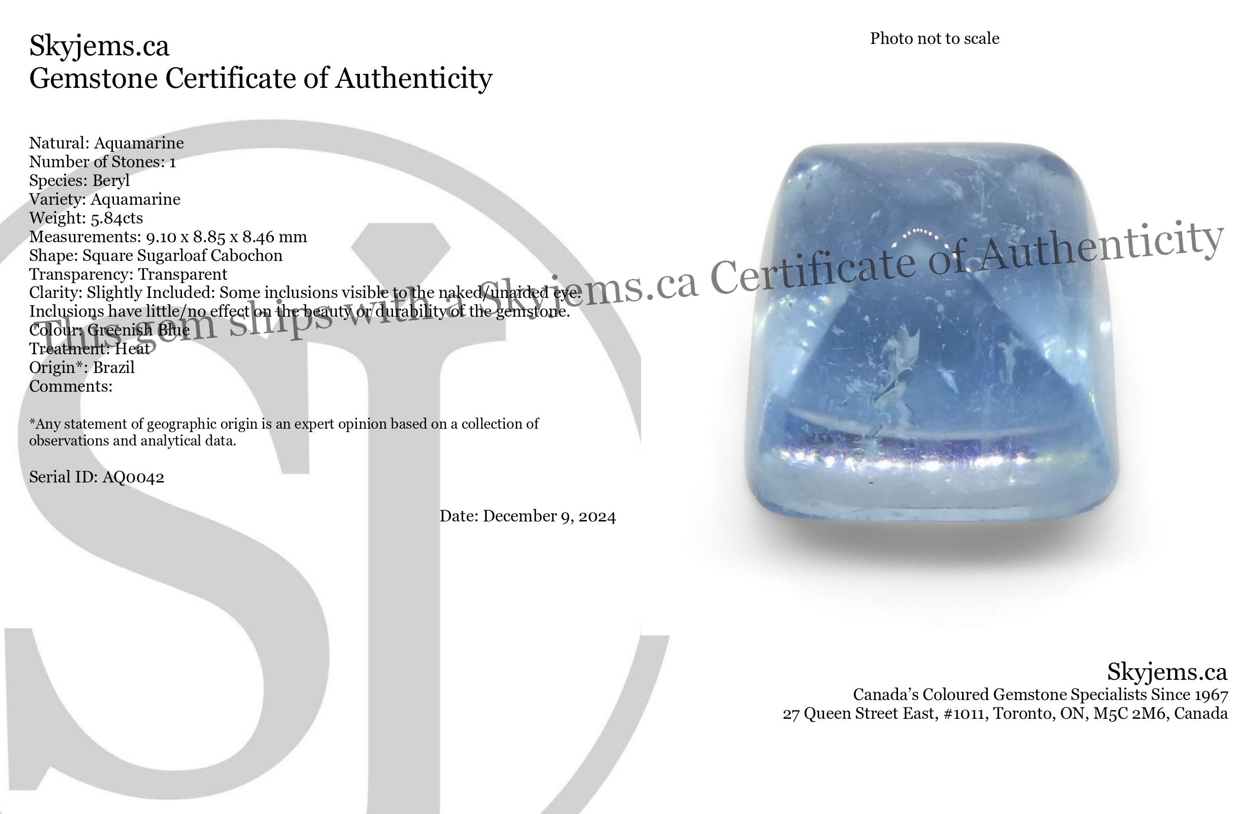 5.84ct Square Sugarloaf Cabochon Blue Aquamarine from Brazil - Skyjems Wholesale Gemstones