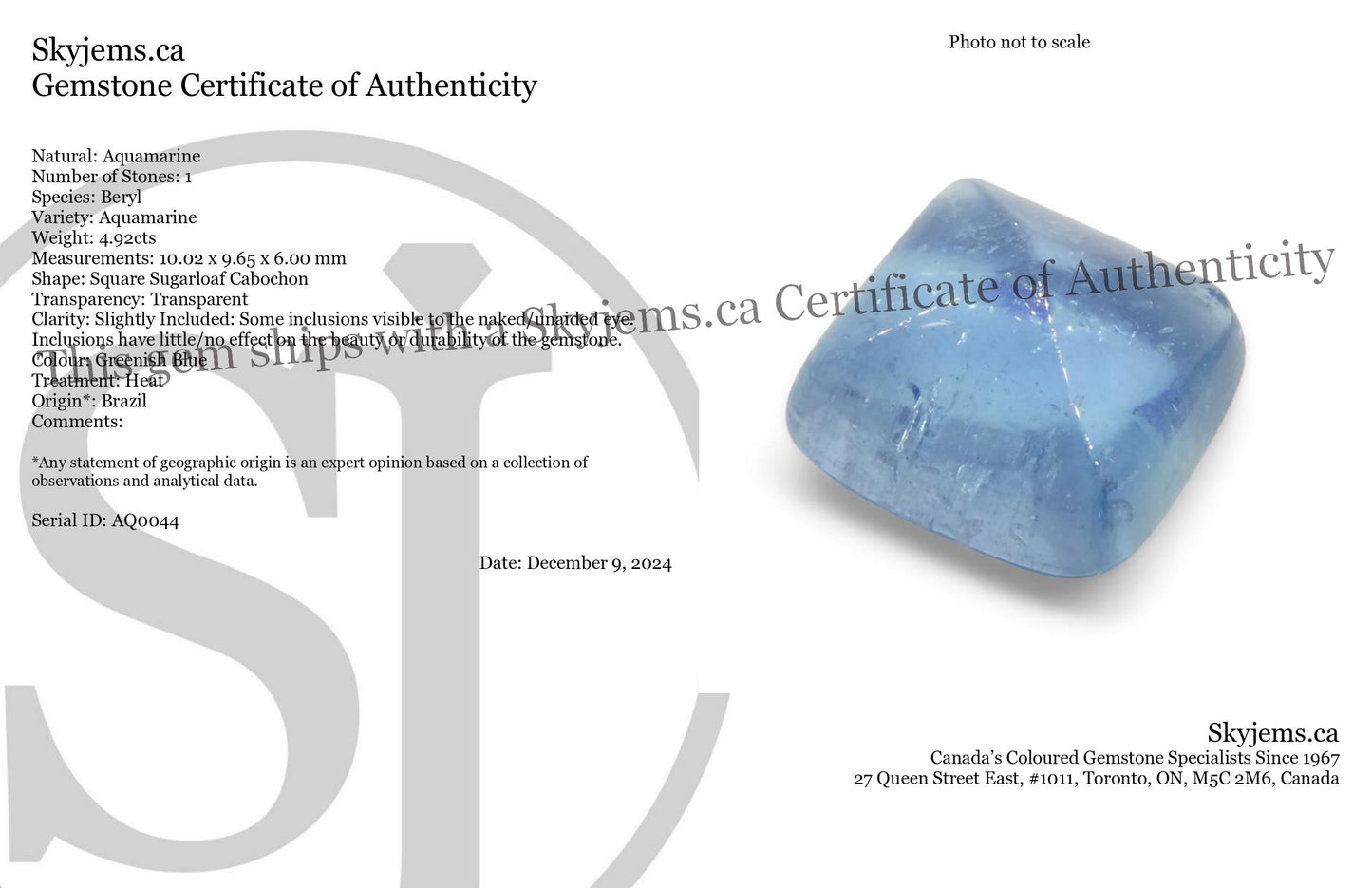 4.92ct Square Sugarloaf Cabochon Blue Aquamarine from Brazil - Skyjems Wholesale Gemstones
