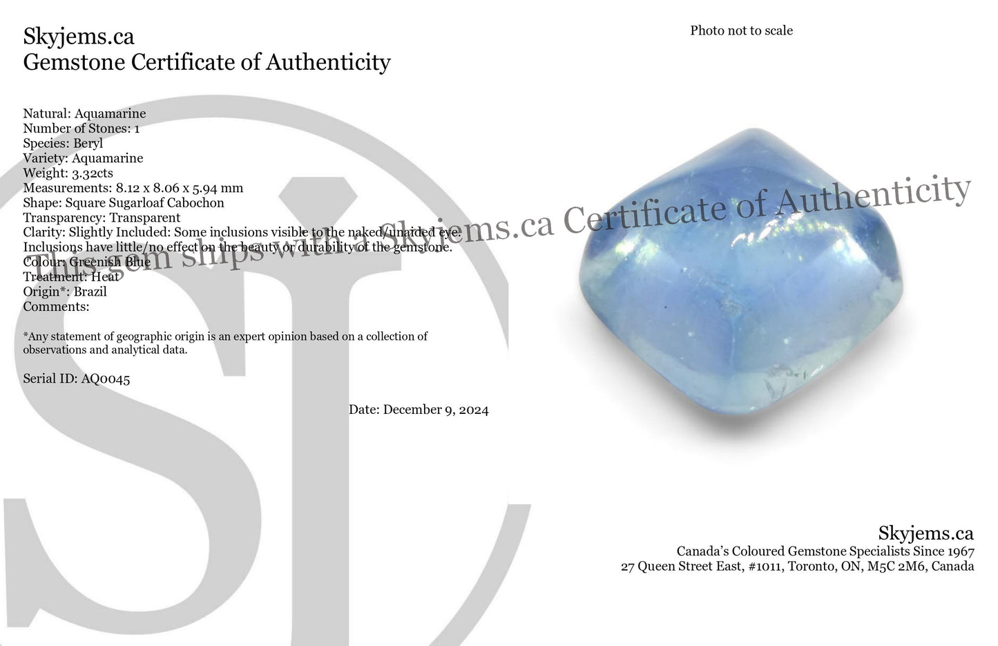 3.32ct Square Sugarloaf Cabochon Blue Aquamarine from Brazil - Skyjems Wholesale Gemstones