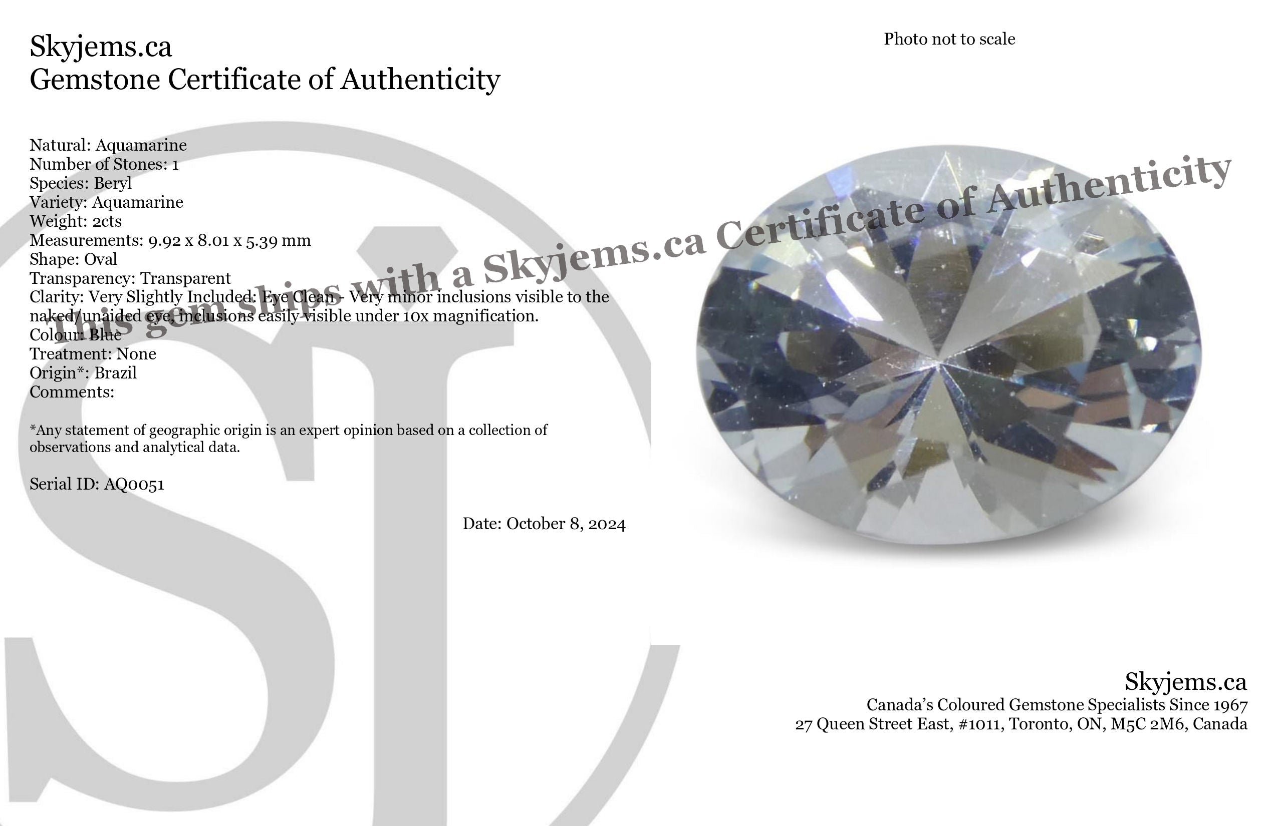 2 carat oval blue Brazilian aquamarine, unheated natural gemstone from SkyJems' premium loose stone collection