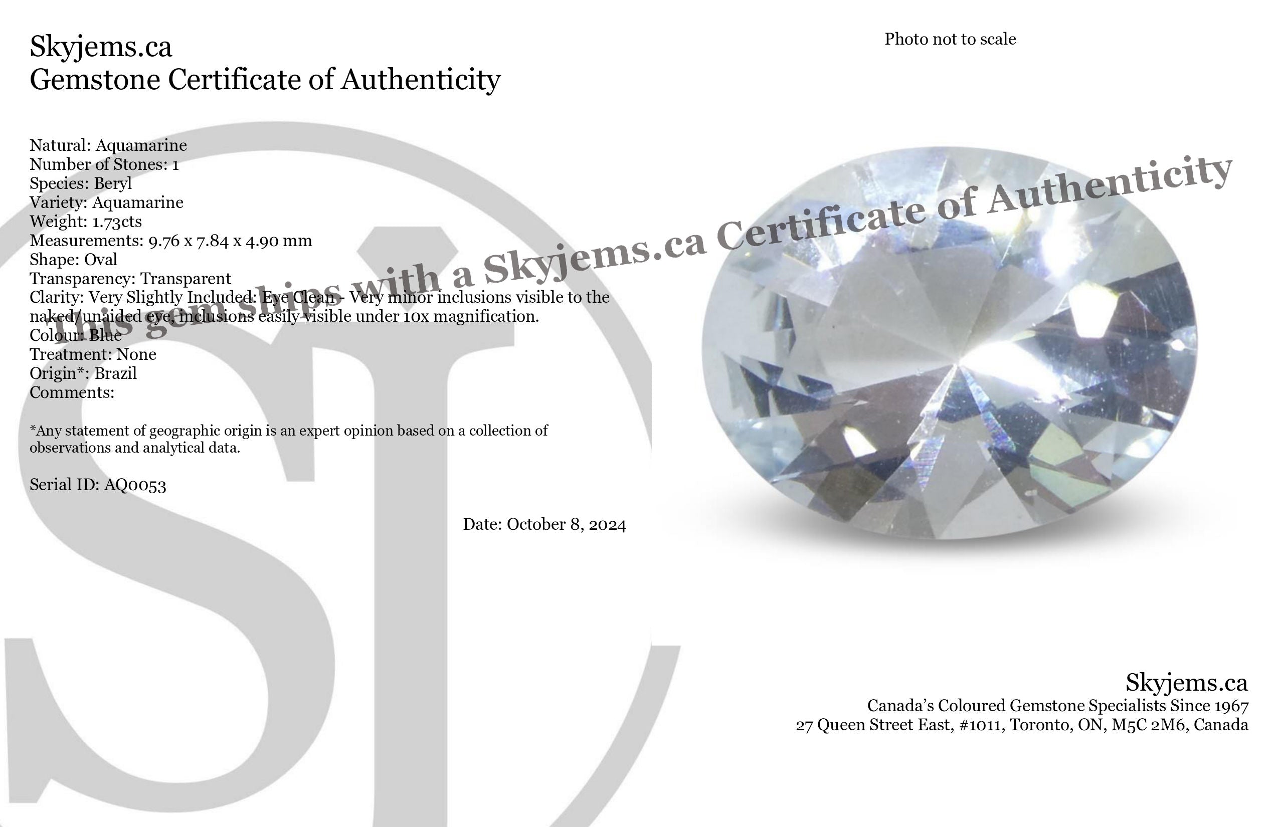 SkyJems 1.73ct Oval Blue Aquamarine from Brazil, unheated natural gemstone with brilliant cut and soft azure hue