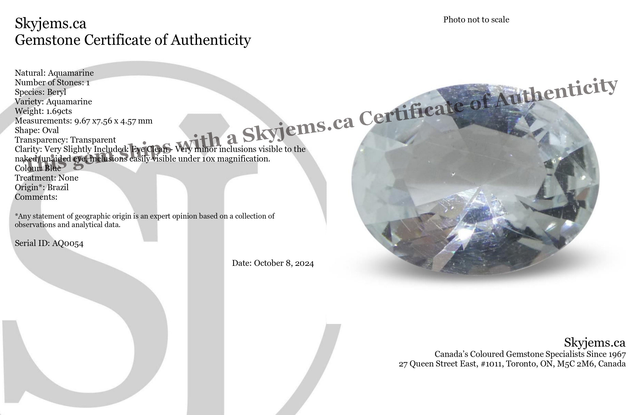 SkyJems 1.69ct Oval Blue Aquamarine from Brazil, unheated natural gemstone with brilliant cut and soft azure hue