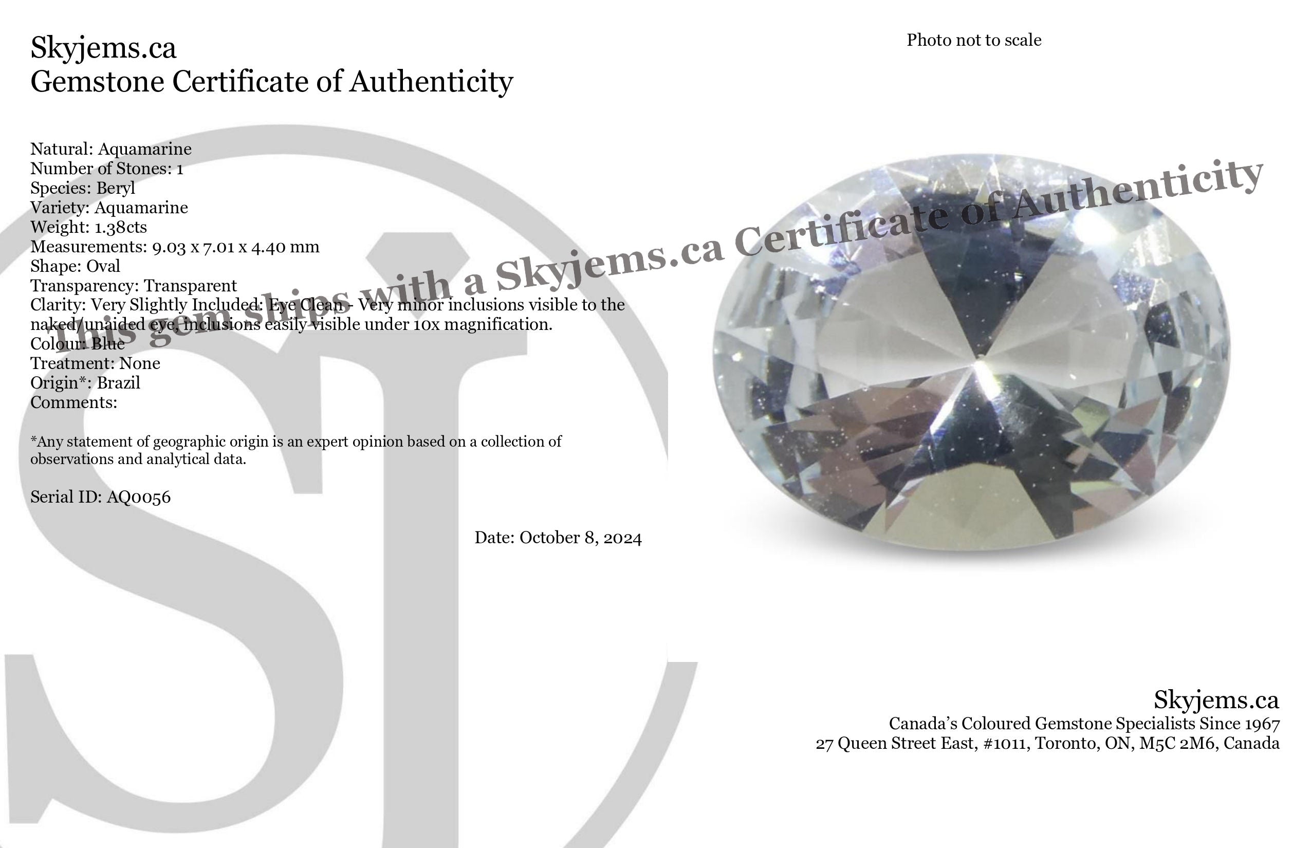 1.38ct Oval Blue Aquamarine from Brazil, unheated natural gemstone by SkyJems, premium Canadian gem specialists since 1967