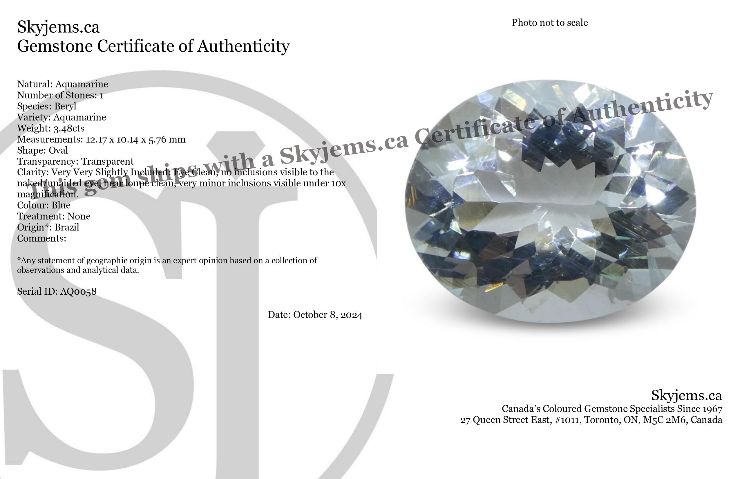 3.48ct Brazilian Blue Aquamarine Oval Gemstone from SkyJems Rare Unheated Natural Beryl Collection