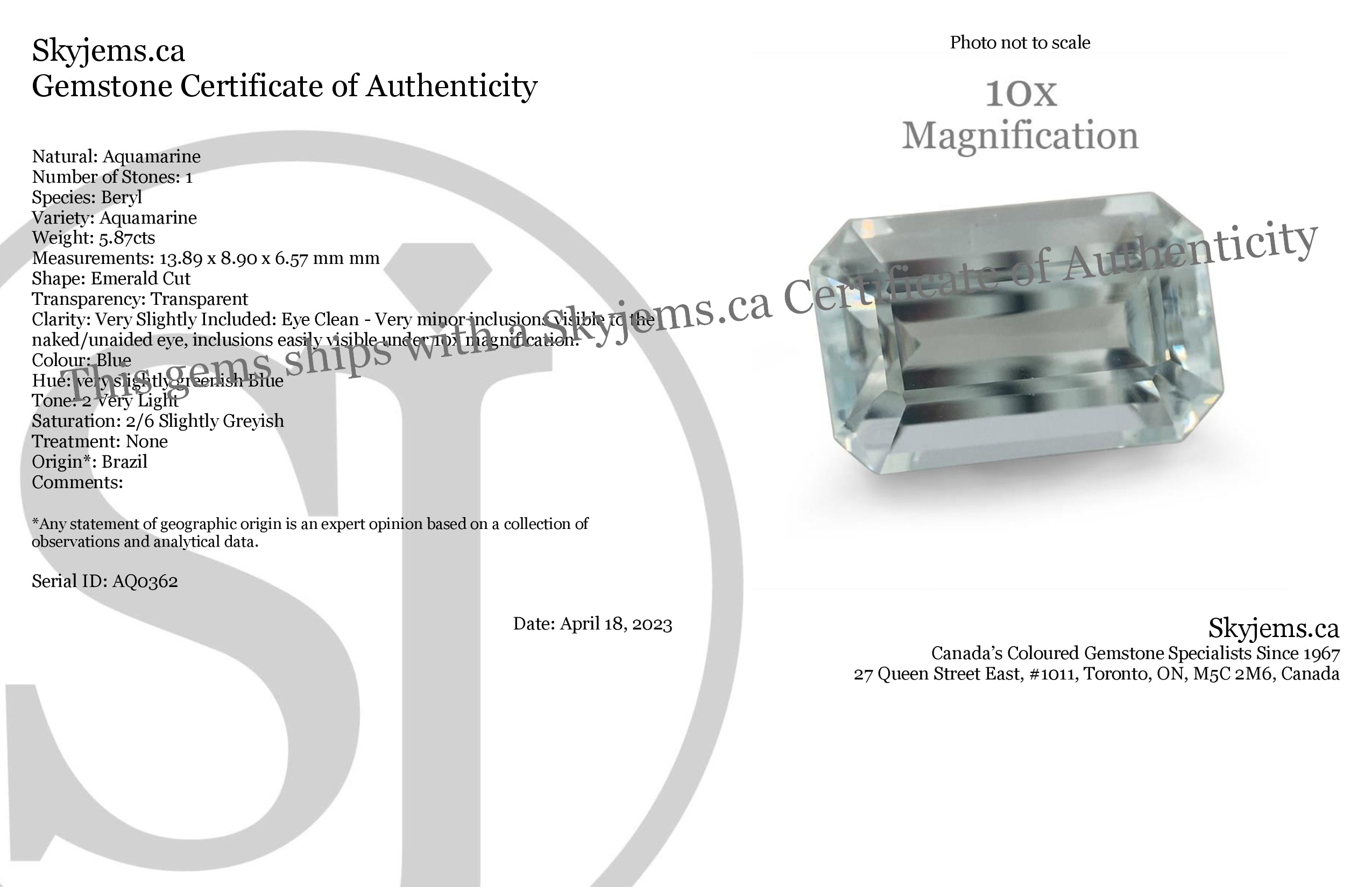 SkyJems 5.87ct Brazilian Aquamarine, pale blue emerald-cut gemstone with soft grey undertones, premium step-cut beryl