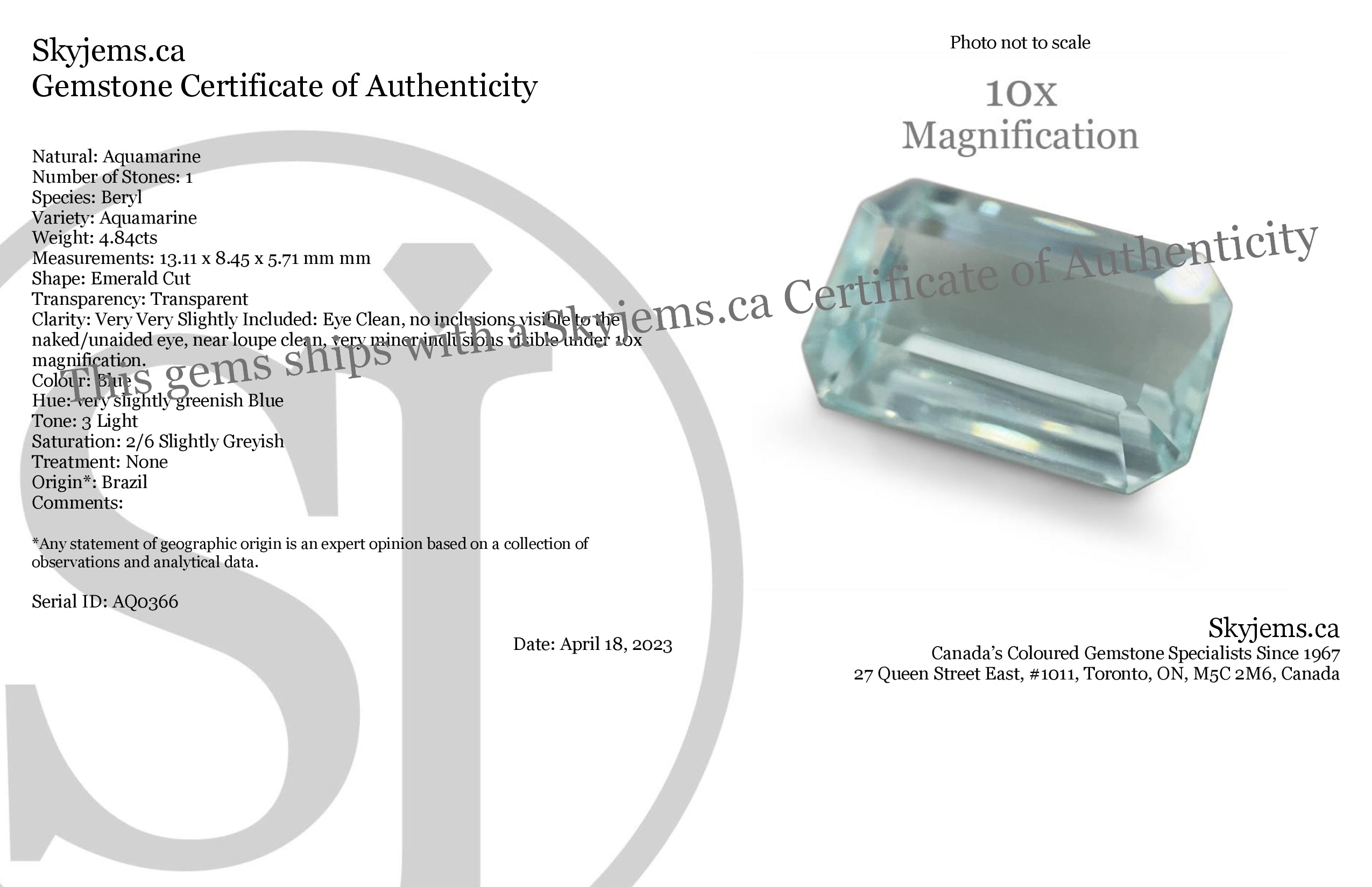 SkyJems 4.84ct Brazilian Aquamarine, pale blue emerald-cut gemstone, natural unheated beryl from premium gem collection