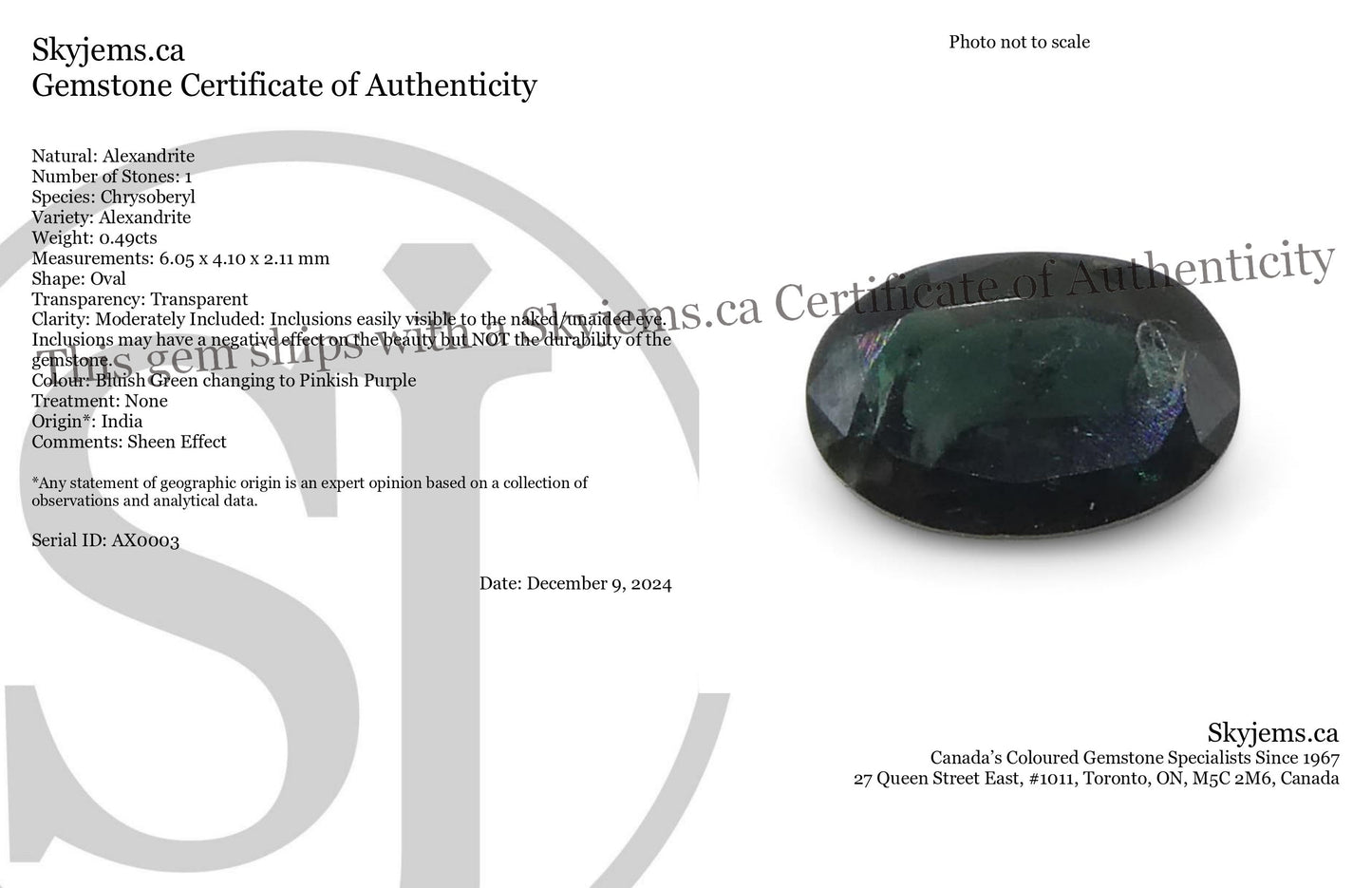 0.49ct Oval Bluish Green to Pinkish Purple Alexandrite from India - Skyjems Wholesale Gemstones