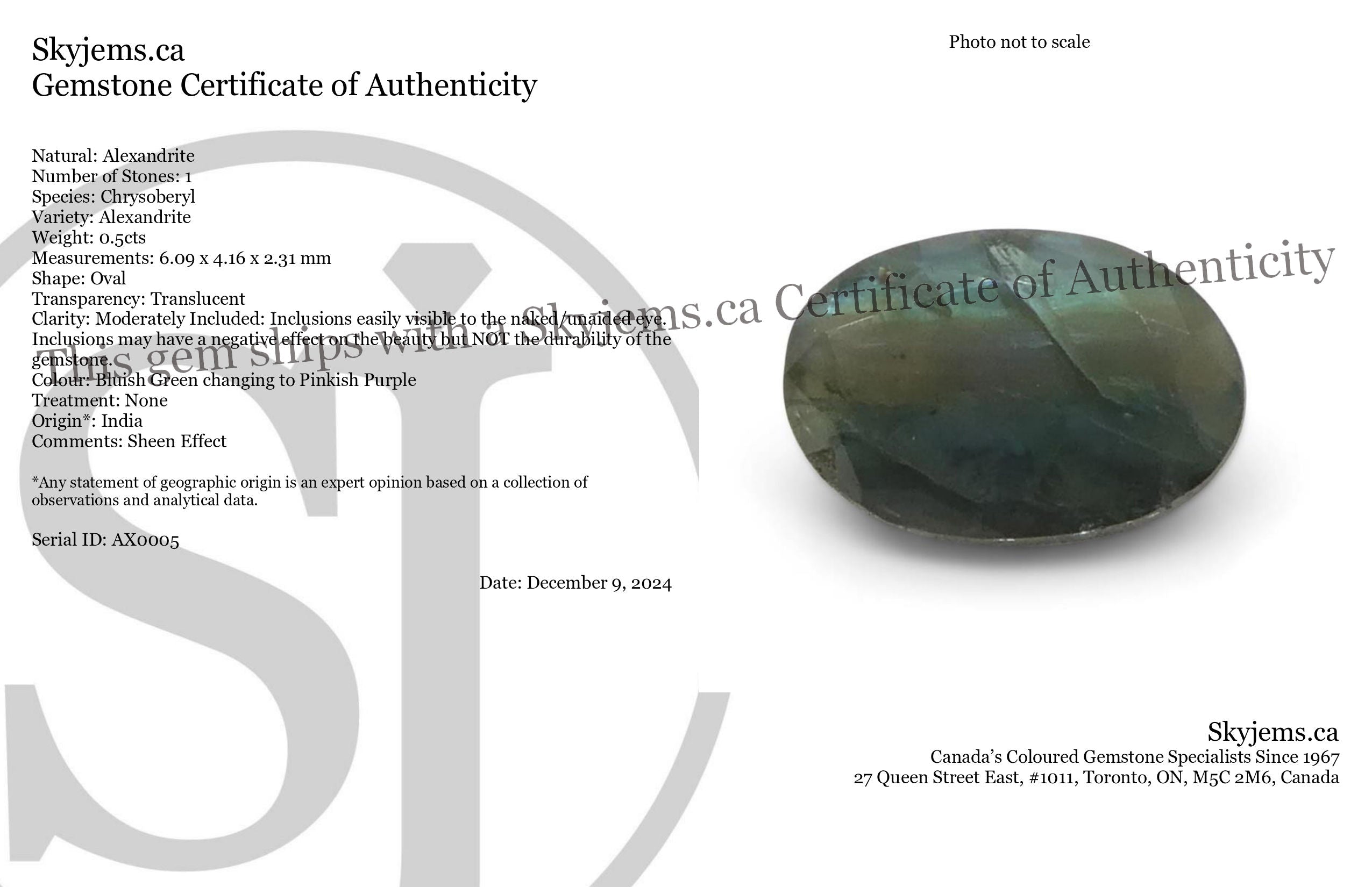 0.5ct Oval Bluish Green to Pinkish Purple Alexandrite from India - Skyjems Wholesale Gemstones