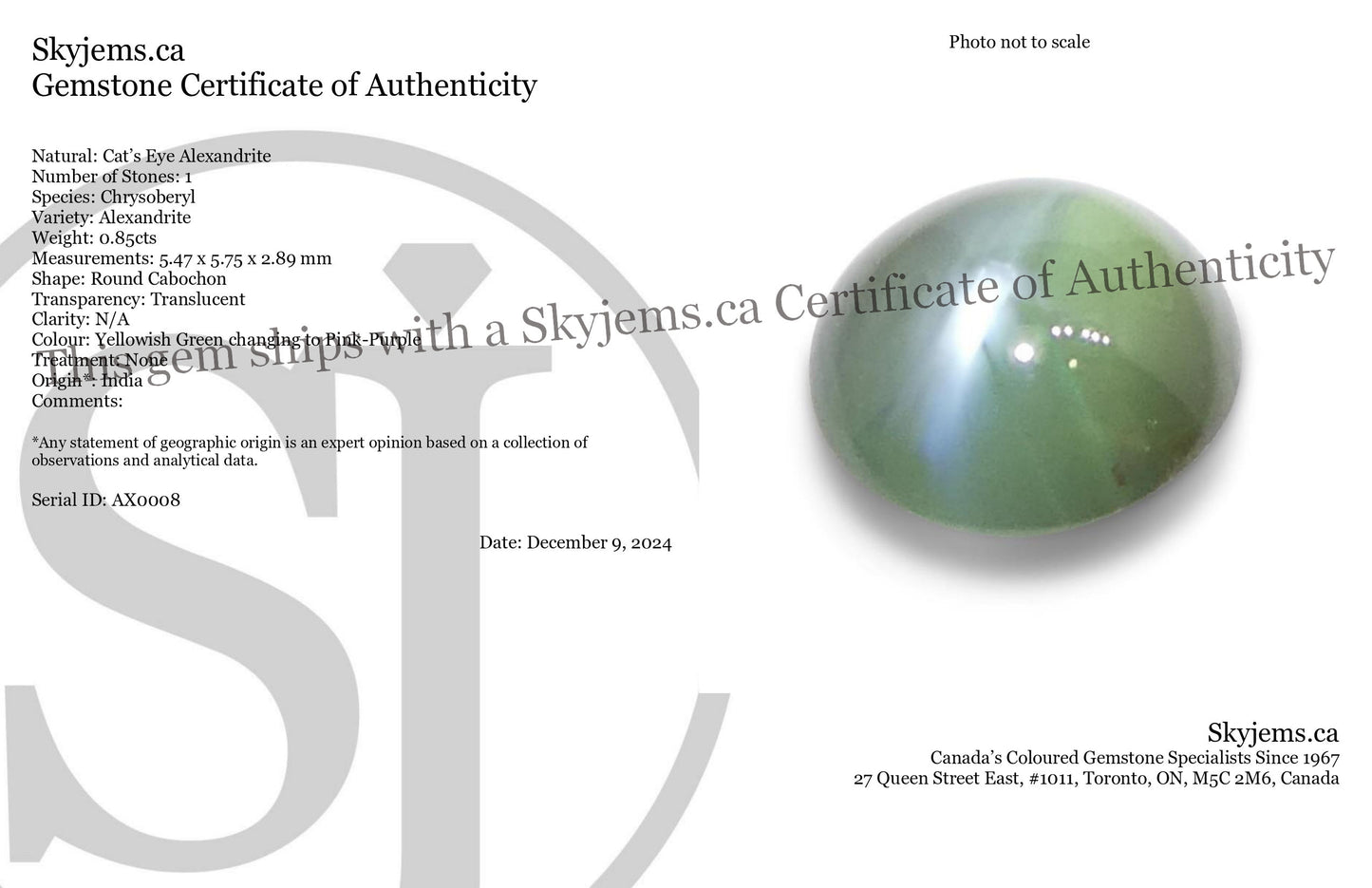 0.85ct Round Cabochon Yellowish Green to Pink-Purple Cat's Eye Alexandrite from India - Skyjems Wholesale Gemstones