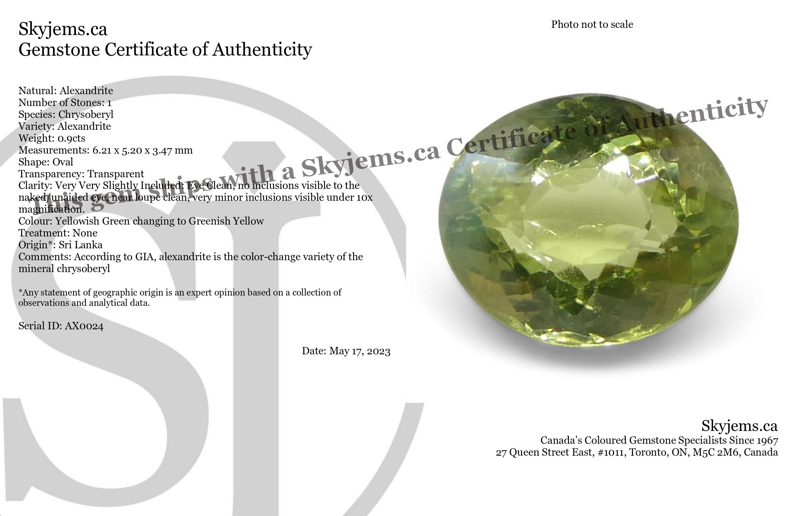 0.9ct Oval Yellowish Green to Greenish Yellow Alexandrite from Sri Lanka, Unheated - Skyjems Wholesale Gemstones