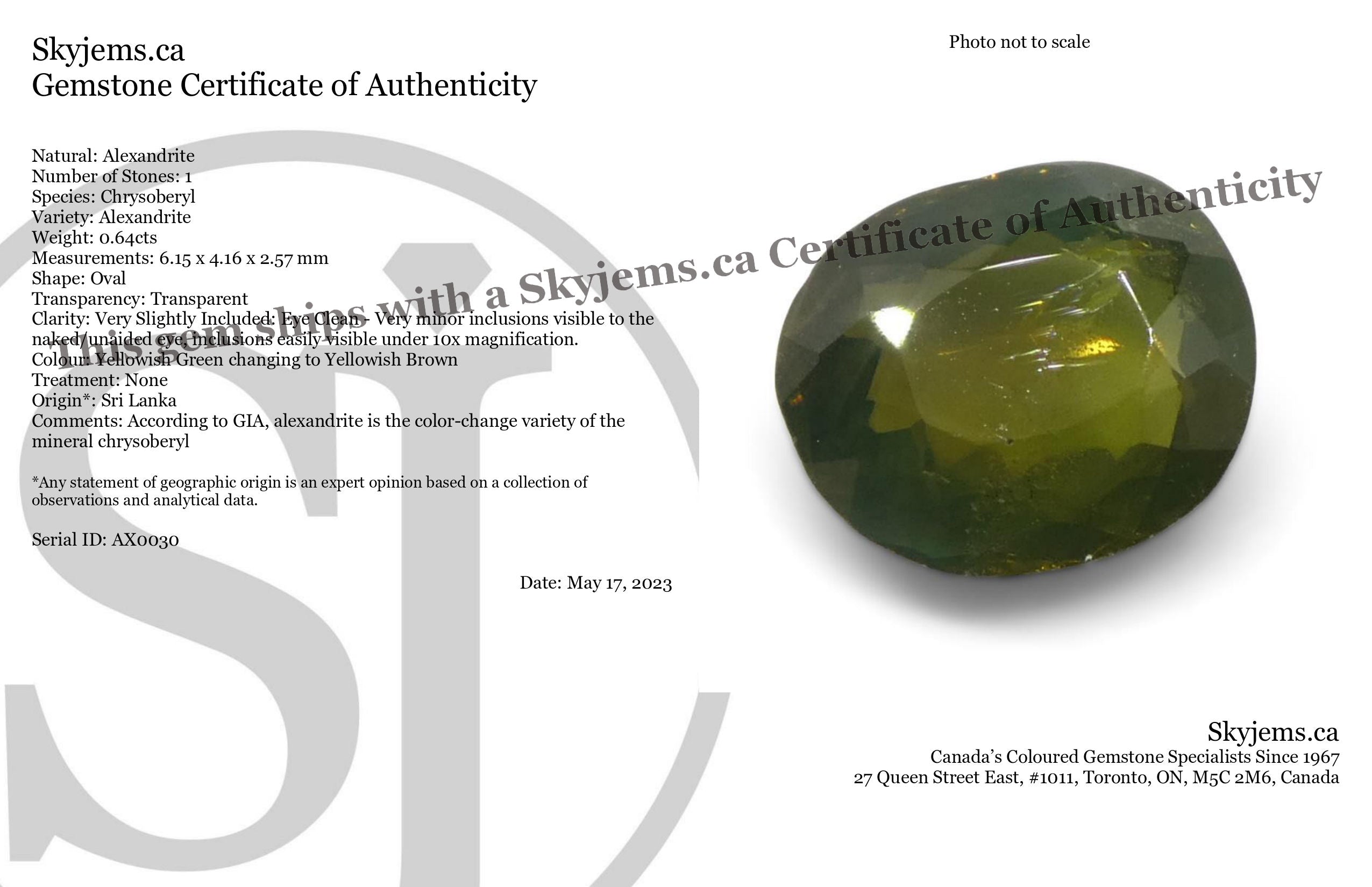 0.64ct Oval Yellowish Green to Yellowish Brown Alexandrite from Sri Lanka, Unheated - Skyjems Wholesale Gemstones
