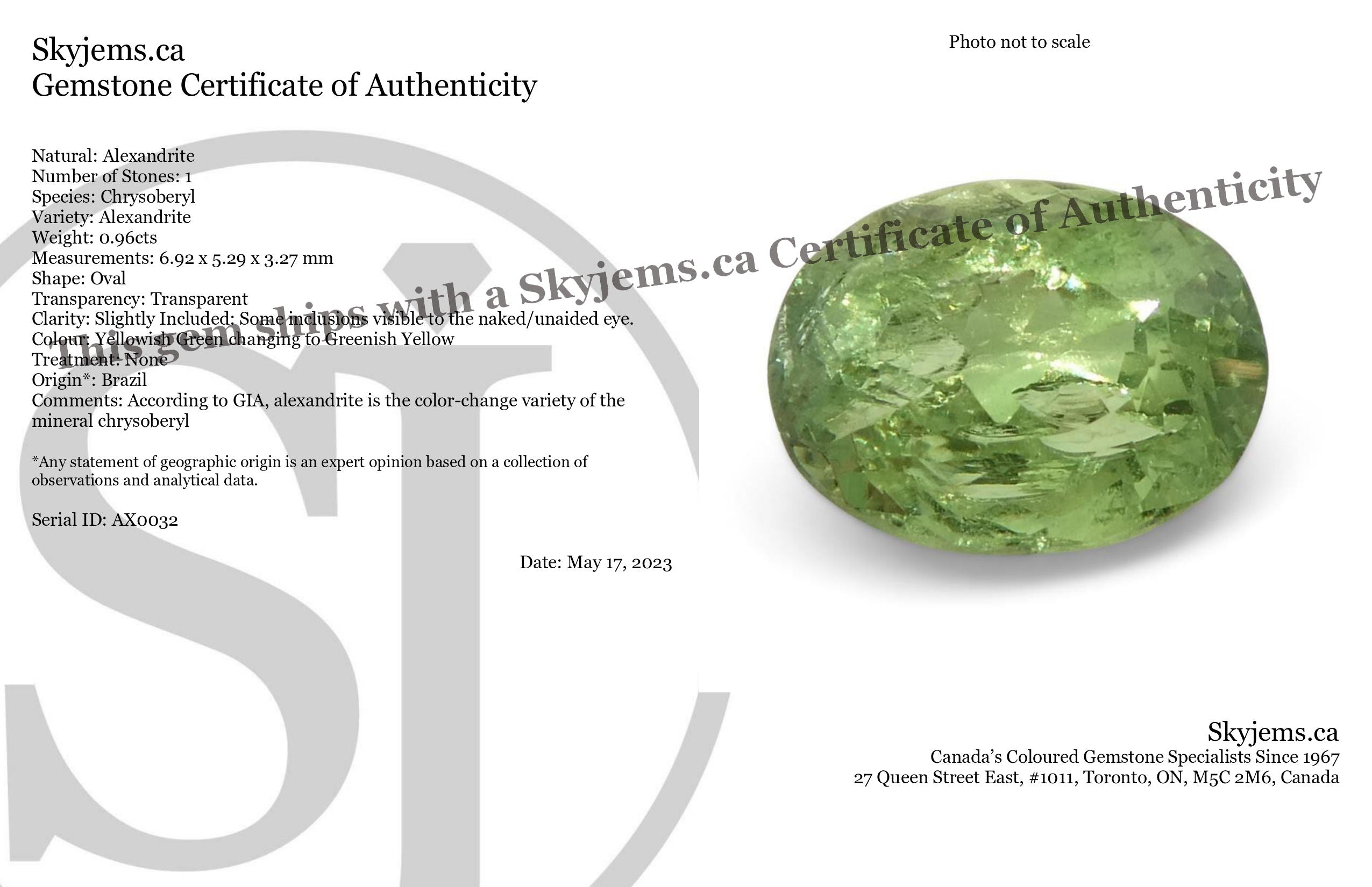 0.96ct Oval Yellowish Green to Greenish Yellow Alexandrite from Brazil, Unheated - Skyjems Wholesale Gemstones