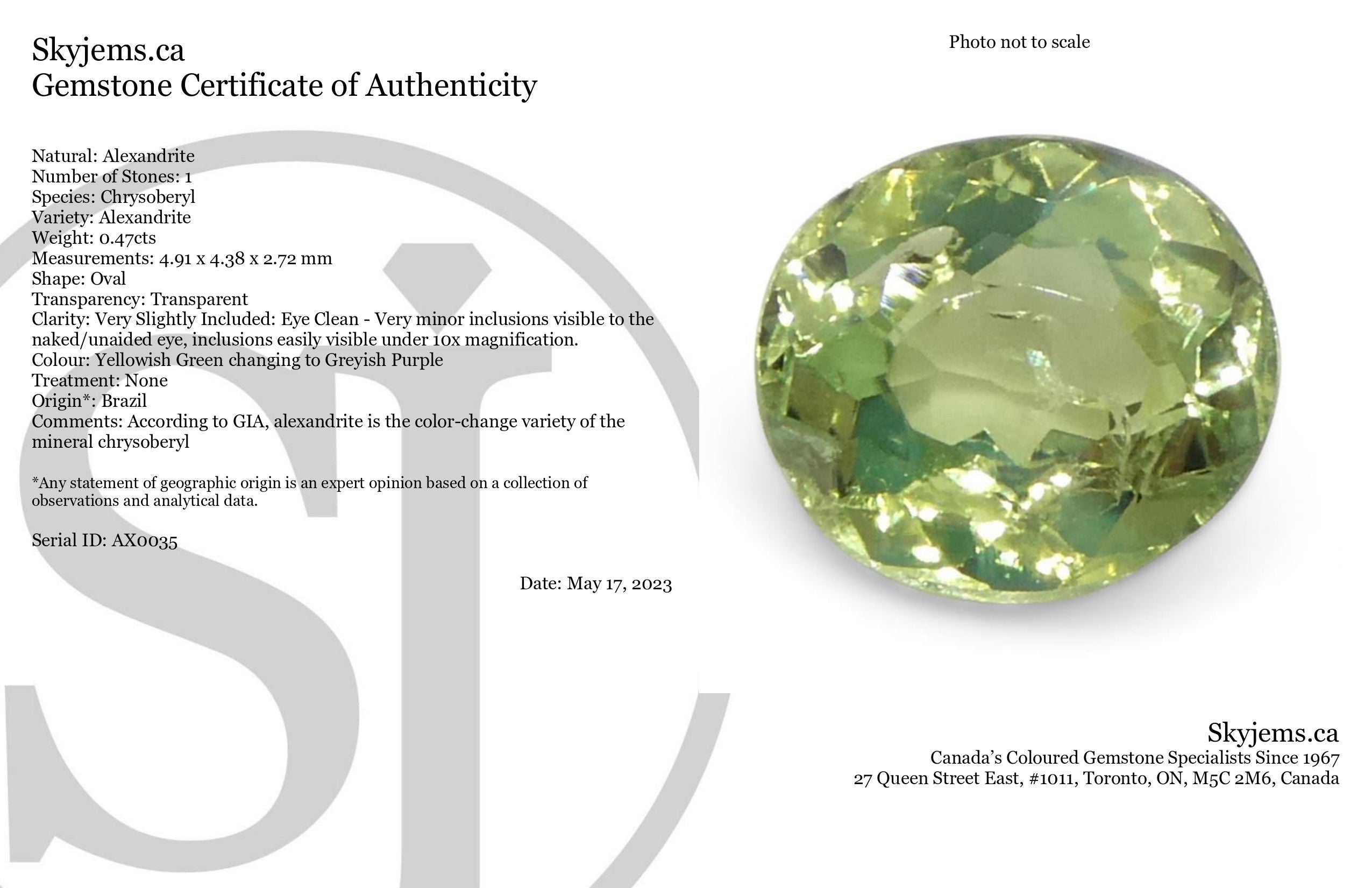 0.47ct Oval Yellowish Green to Greyish Purple Alexandrite from Brazil, Unheated - Skyjems Wholesale Gemstones