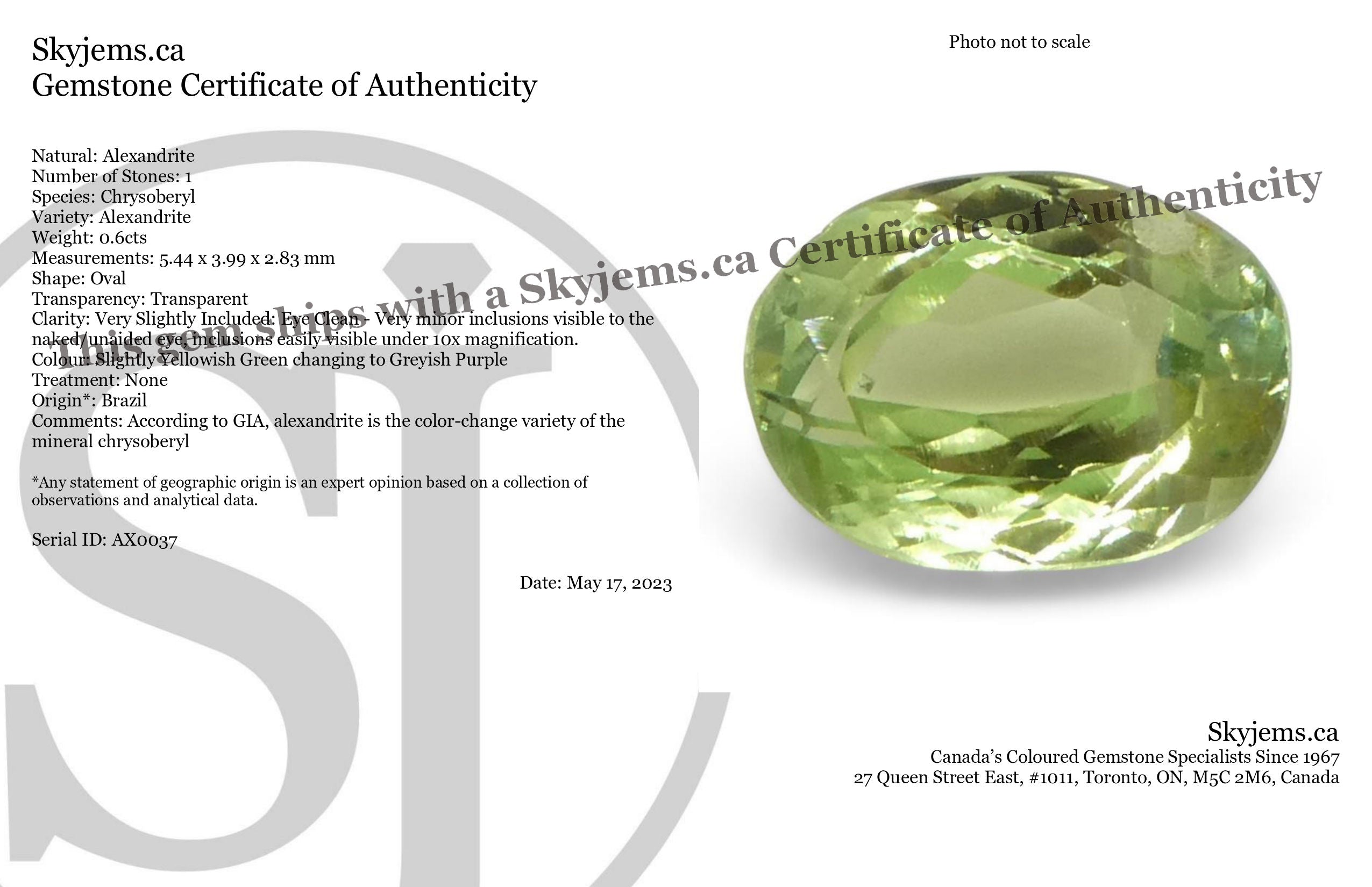 0.6ct Oval Yellowish Green to Greyish Purple Alexandrite from Brazil, Unheated - Skyjems Wholesale Gemstones