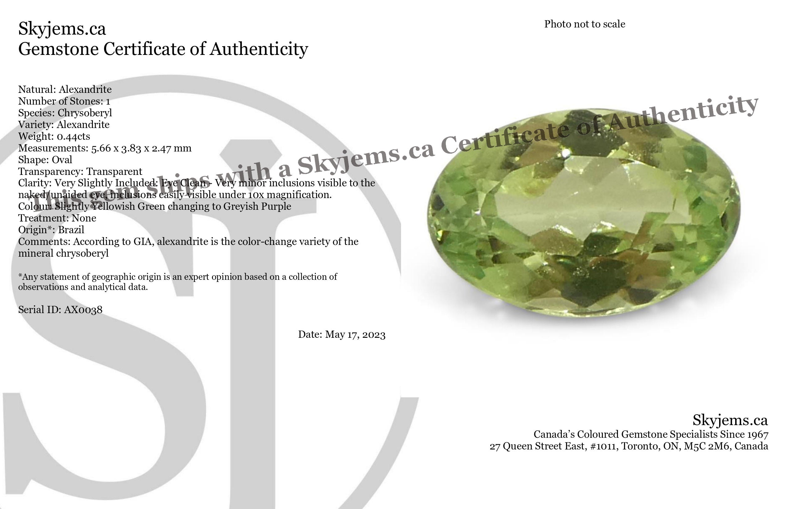 0.44ct Oval Yellowish Green to Greyish Purple Alexandrite from Brazil, Unheated - Skyjems Wholesale Gemstones
