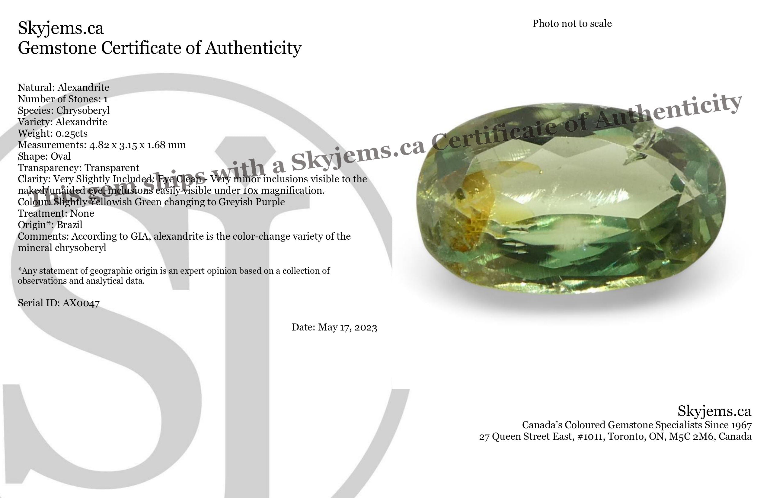 0.25ct Oval Yellowish Green to Greyish Purple Alexandrite from Brazil, Unheated - Skyjems Wholesale Gemstones