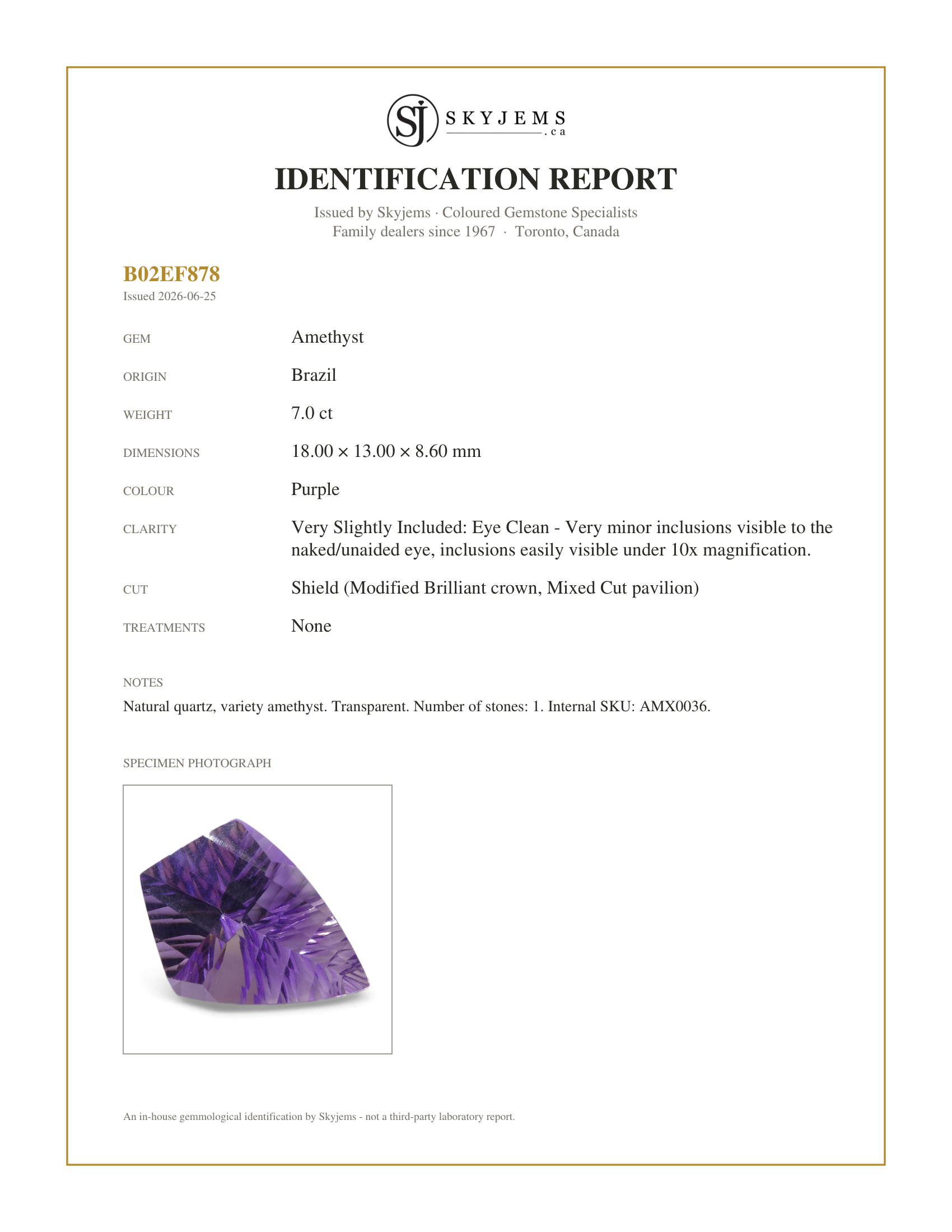 Skyjems Identification Report for AMX0036 — 7ct Shield Amethyst 'Eleanor' Fantasy/Fancy Cut