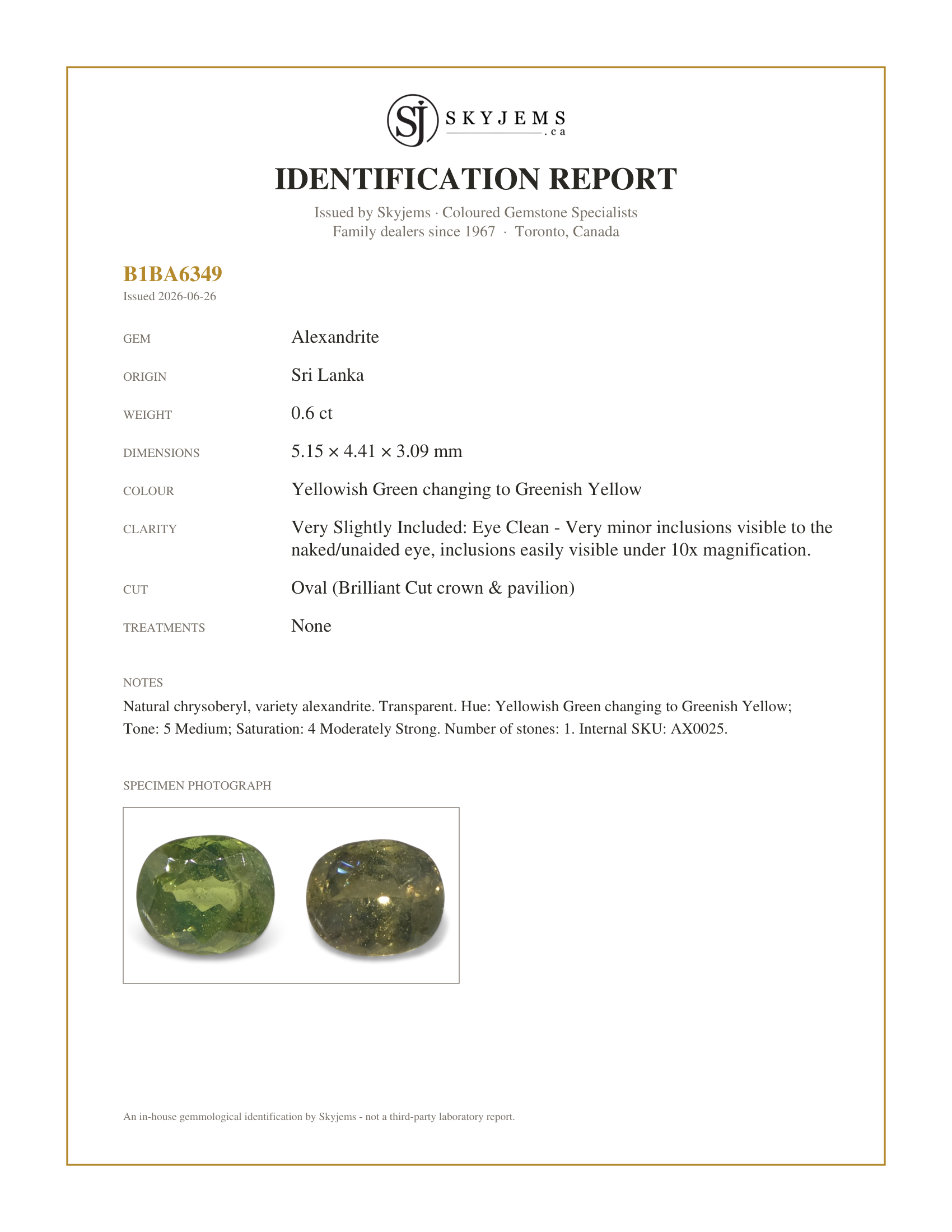 Skyjems Identification Report for AX0025 — 0.6ct Oval Yellowish Green to Greenish Yellow Alexandrite from Sri Lanka, Unheated