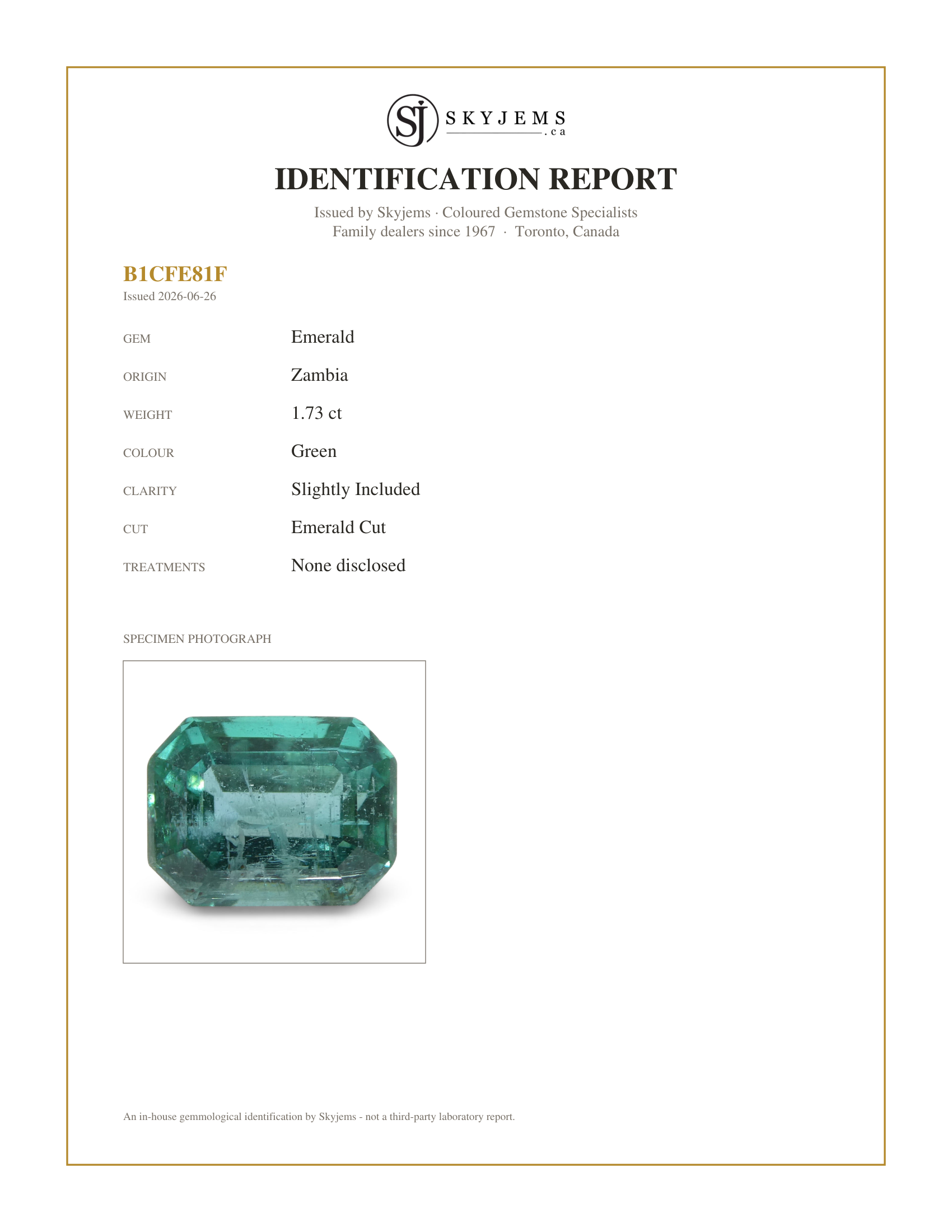 Skyjems Identification Report for — 1.73ct Emerald Cut Emerald from Zambia