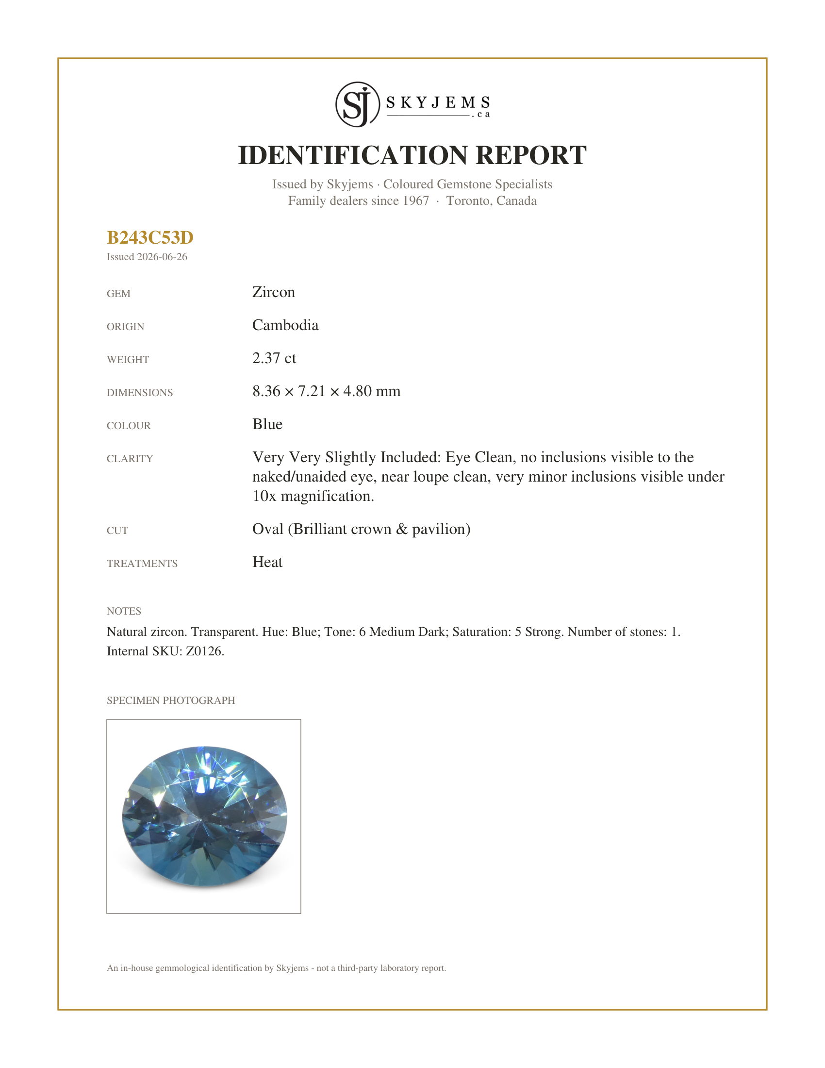 Skyjems Identification Report for Z0126 — 2.37ct Natural Earth Mined Oval Master Brilliant Cut Blue Zircon from Cambodia