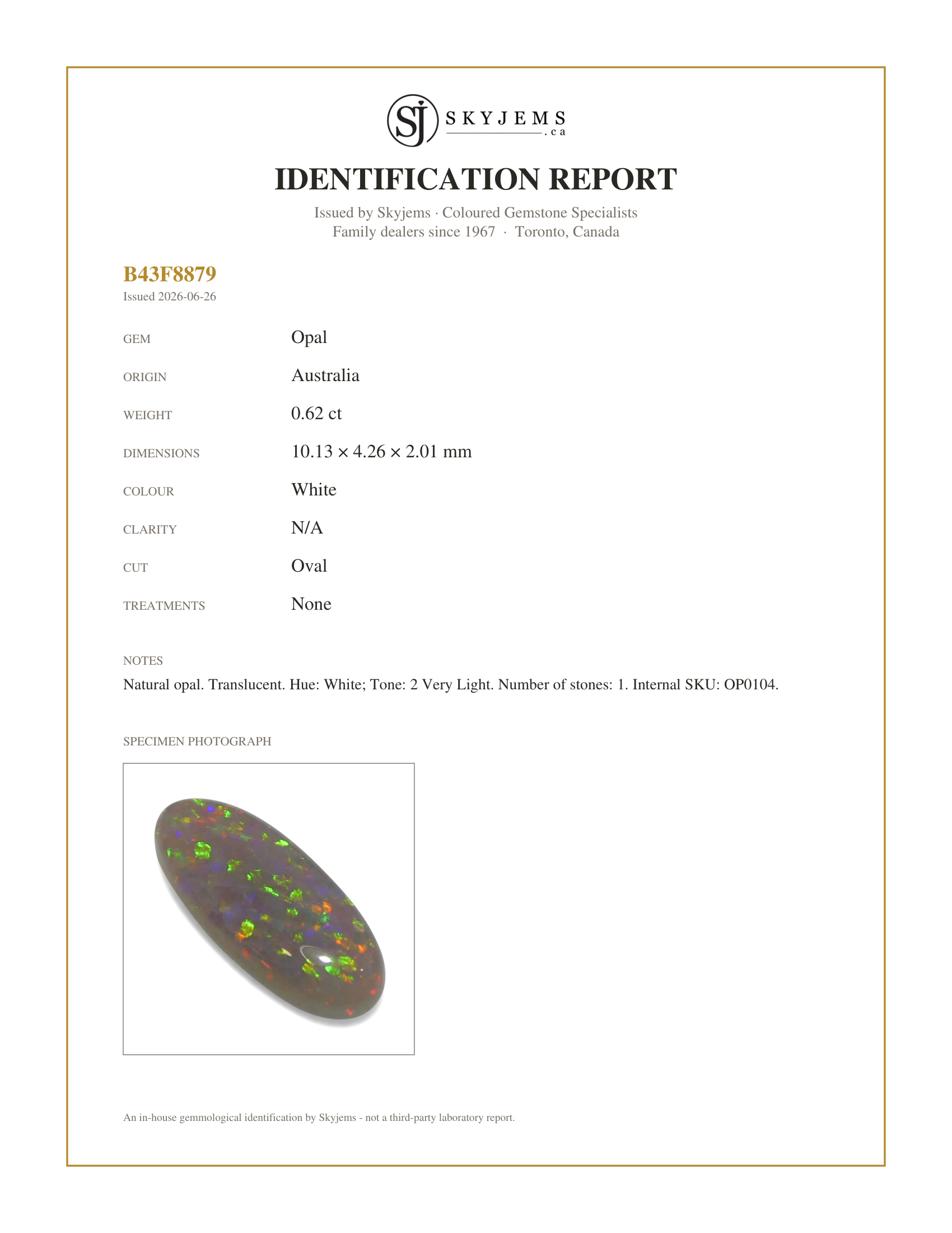 Skyjems Identification Report for OP0104 — 0.62ct Oval Cabochon White Opal from Australia