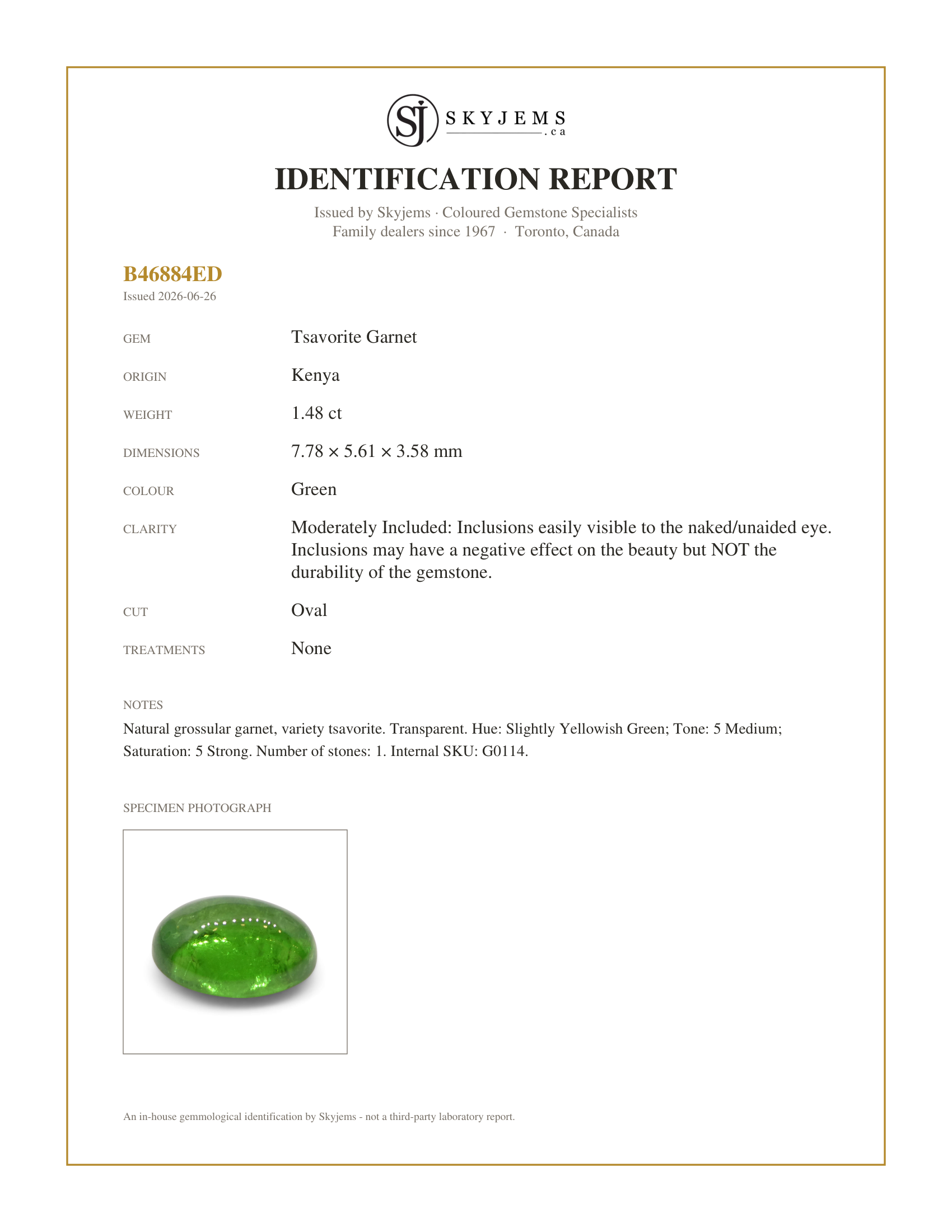 Skyjems Identification Report for G0114 — 1.48ct Oval Cabochon Green Tsavorite Garnet from Kenya, Unheated
