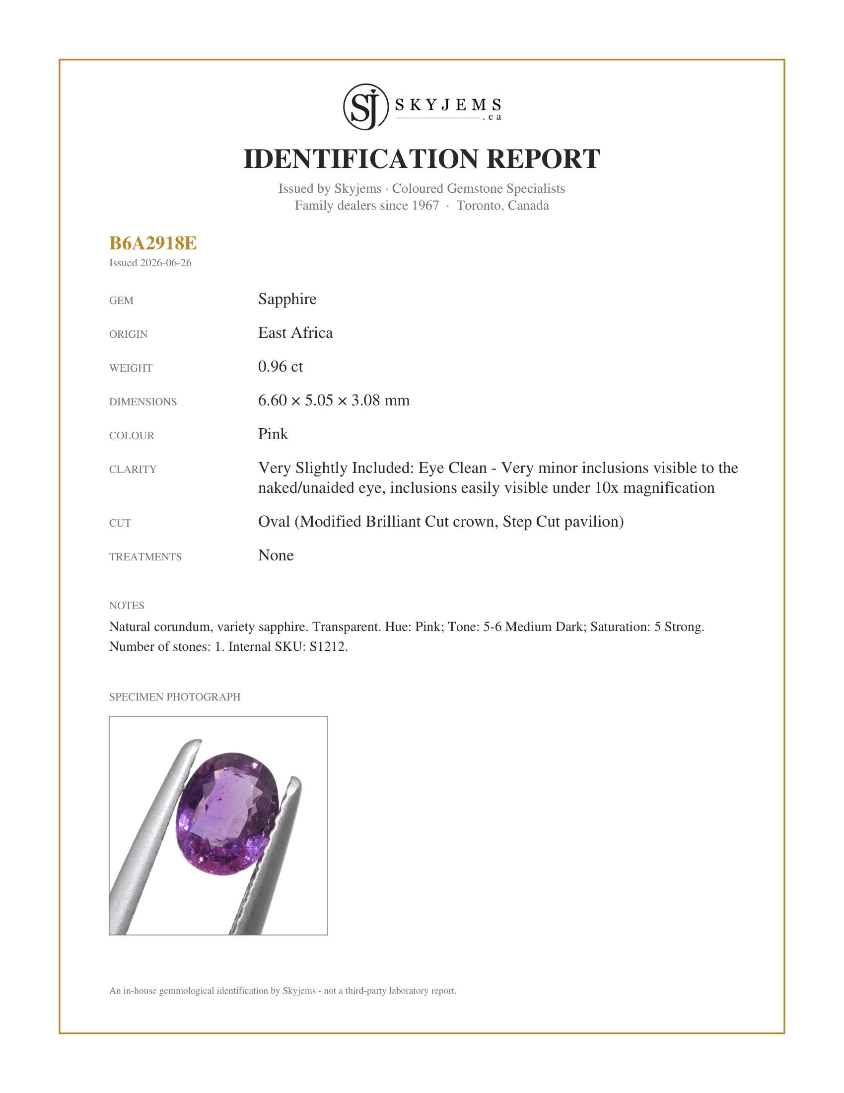 Skyjems Identification Report for S1212 — 0.96ct Oval Pink Sapphire from East Africa, Unheated