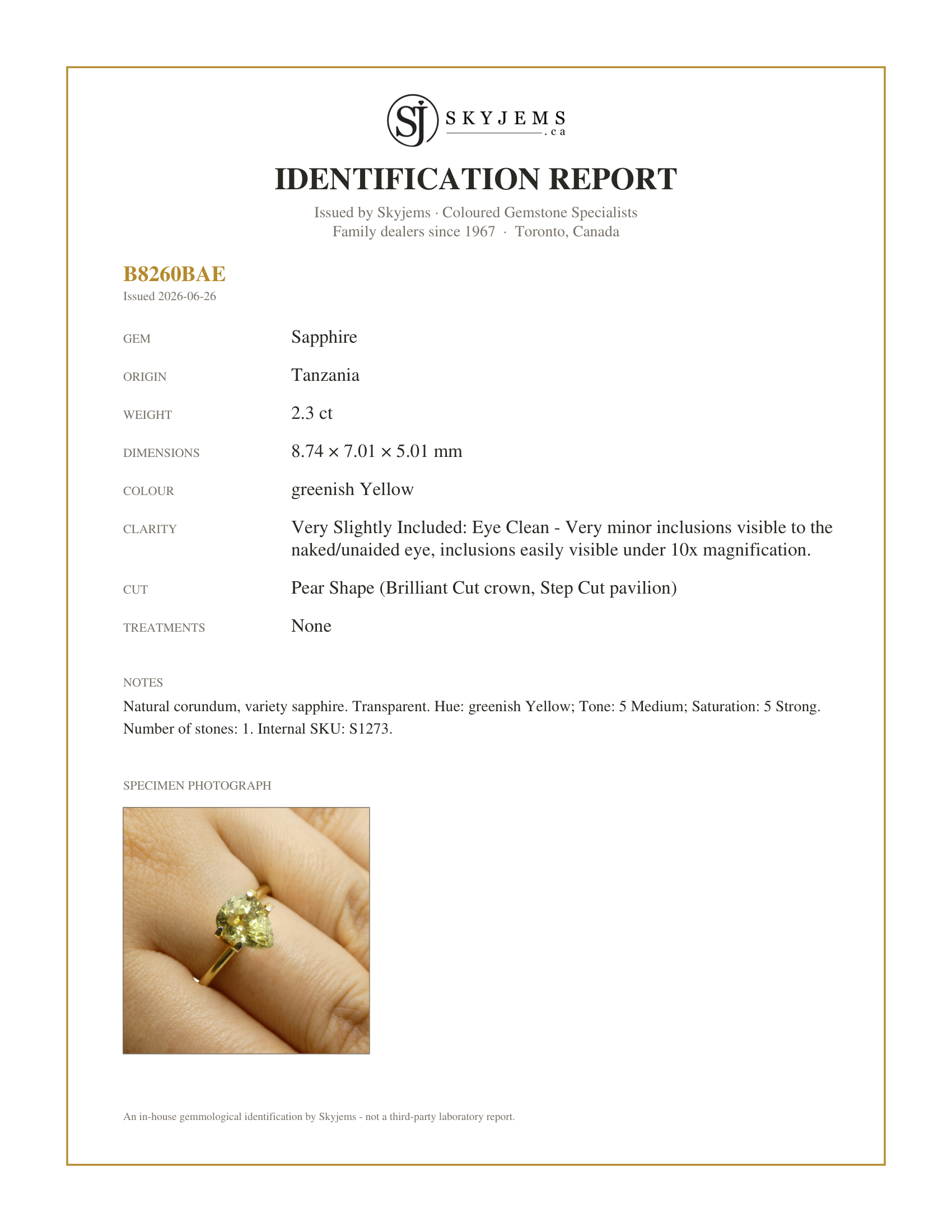 Skyjems Identification Report for S1273 — 2.3ct Pear Shape Yellow Sapphire from Tanzania, Unheated