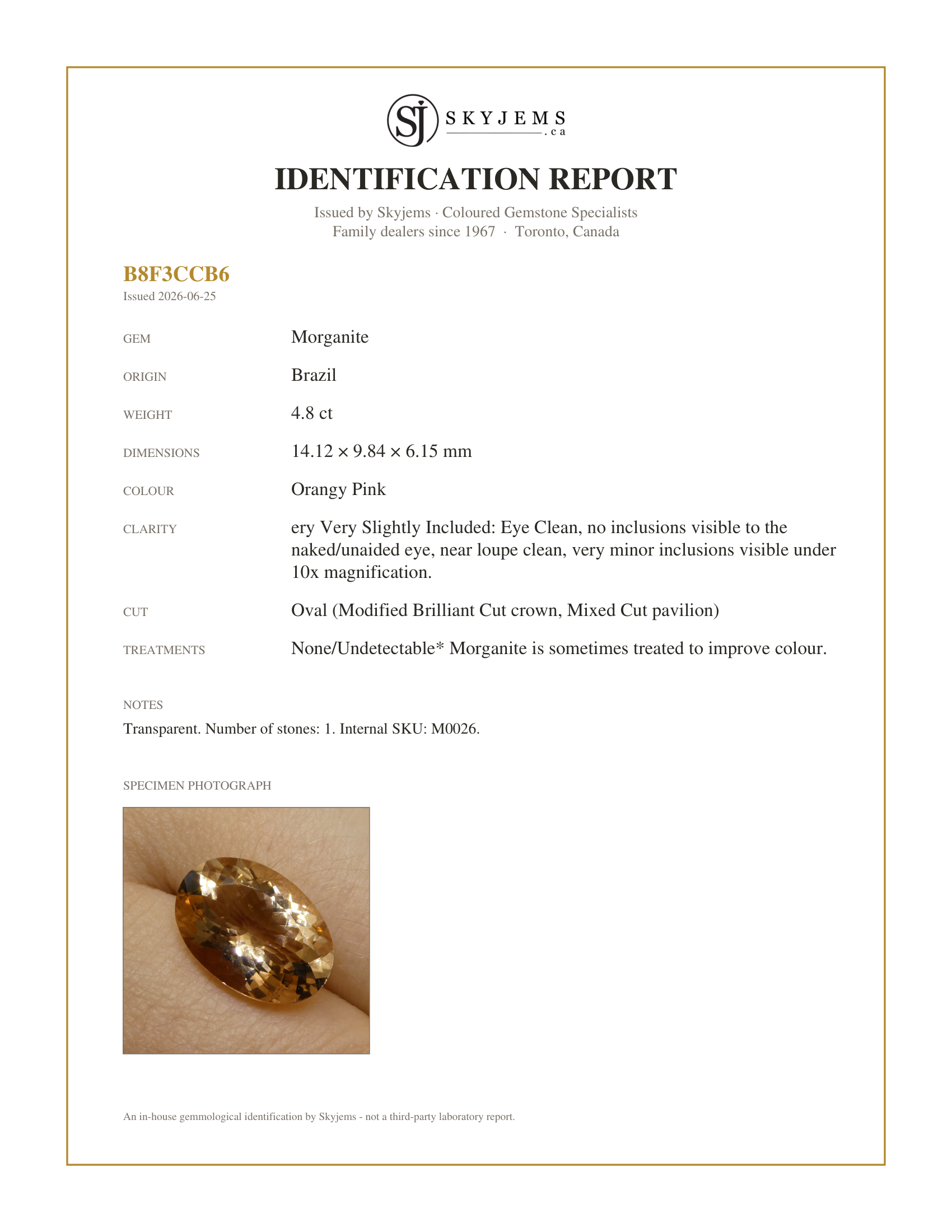 Skyjems Identification Report for M0026 — 4.80ct Oval Morganite