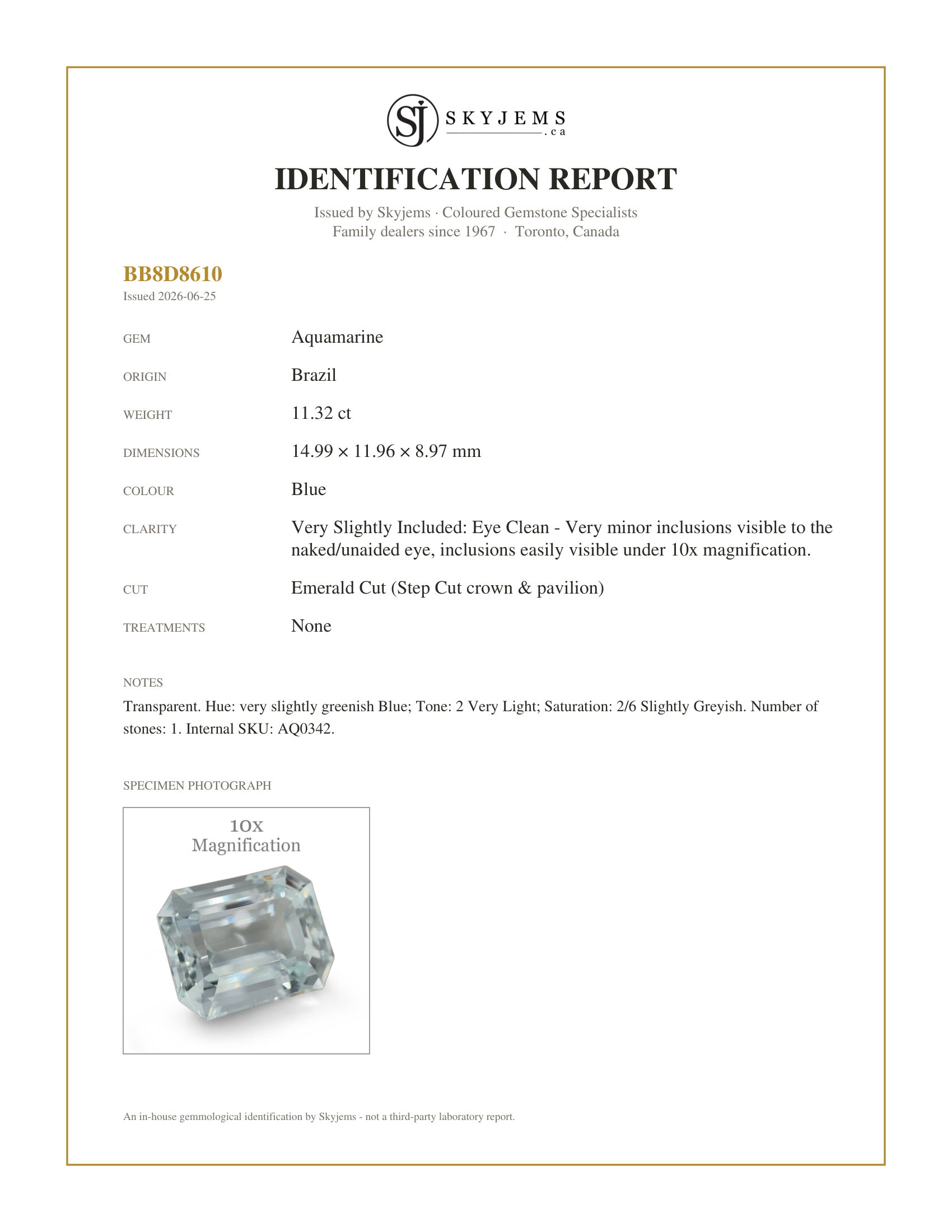 Skyjems Identification Report for AQ0342 — 11.32ct Emerald Cut Aquamarine
