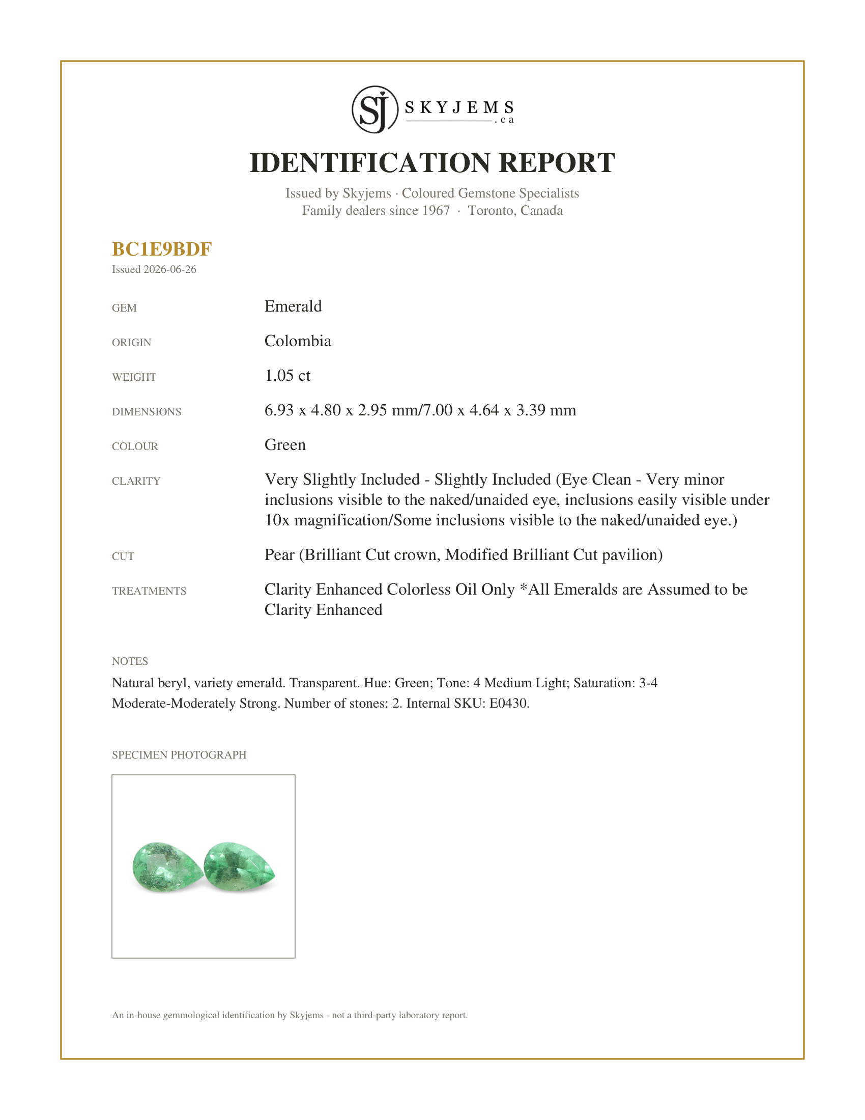 Skyjems Identification Report for E0430 — 1.05ct Pair Pear Green Emerald from Colombia