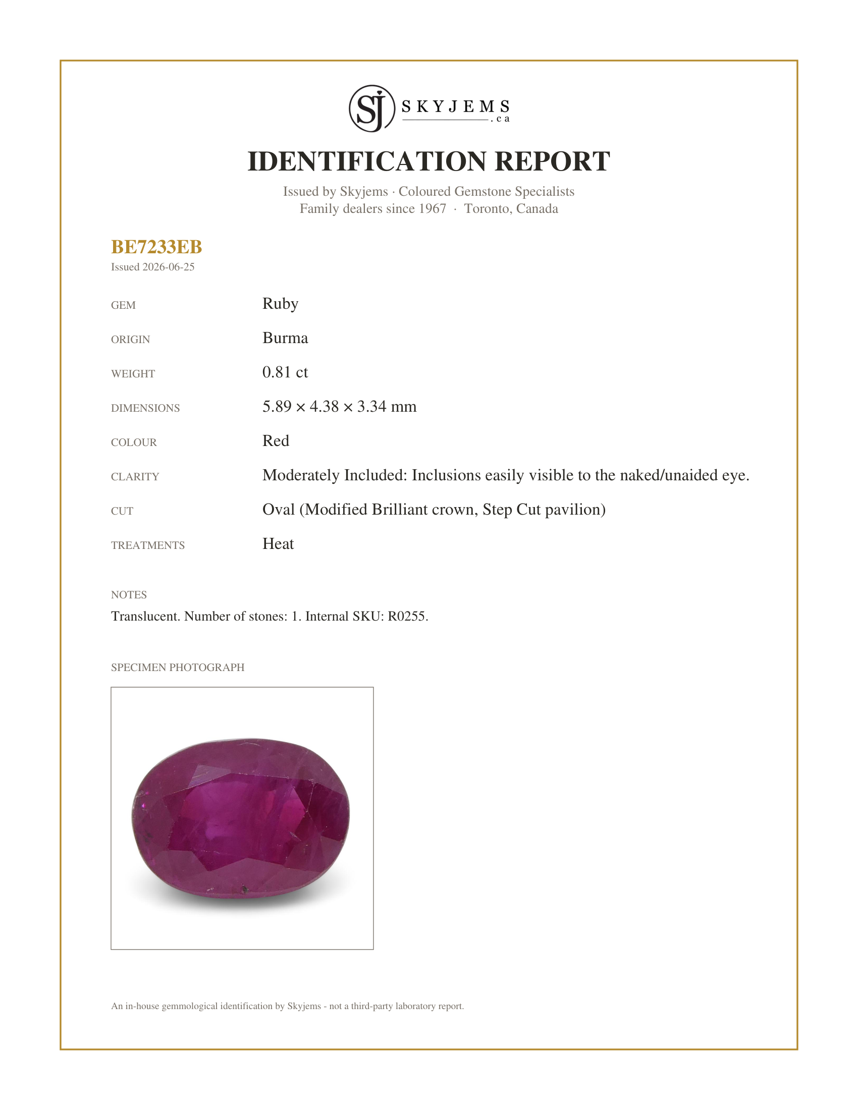 Skyjems Identification Report for R0255 — 0.81 ct Oval Ruby Burma